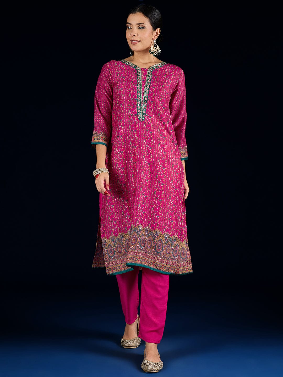 Varanga Fuchsia Ethnic Printed Straight Kurta With Lace Round Neck, Paired With Solid Trousers And A Printed Dupatta.