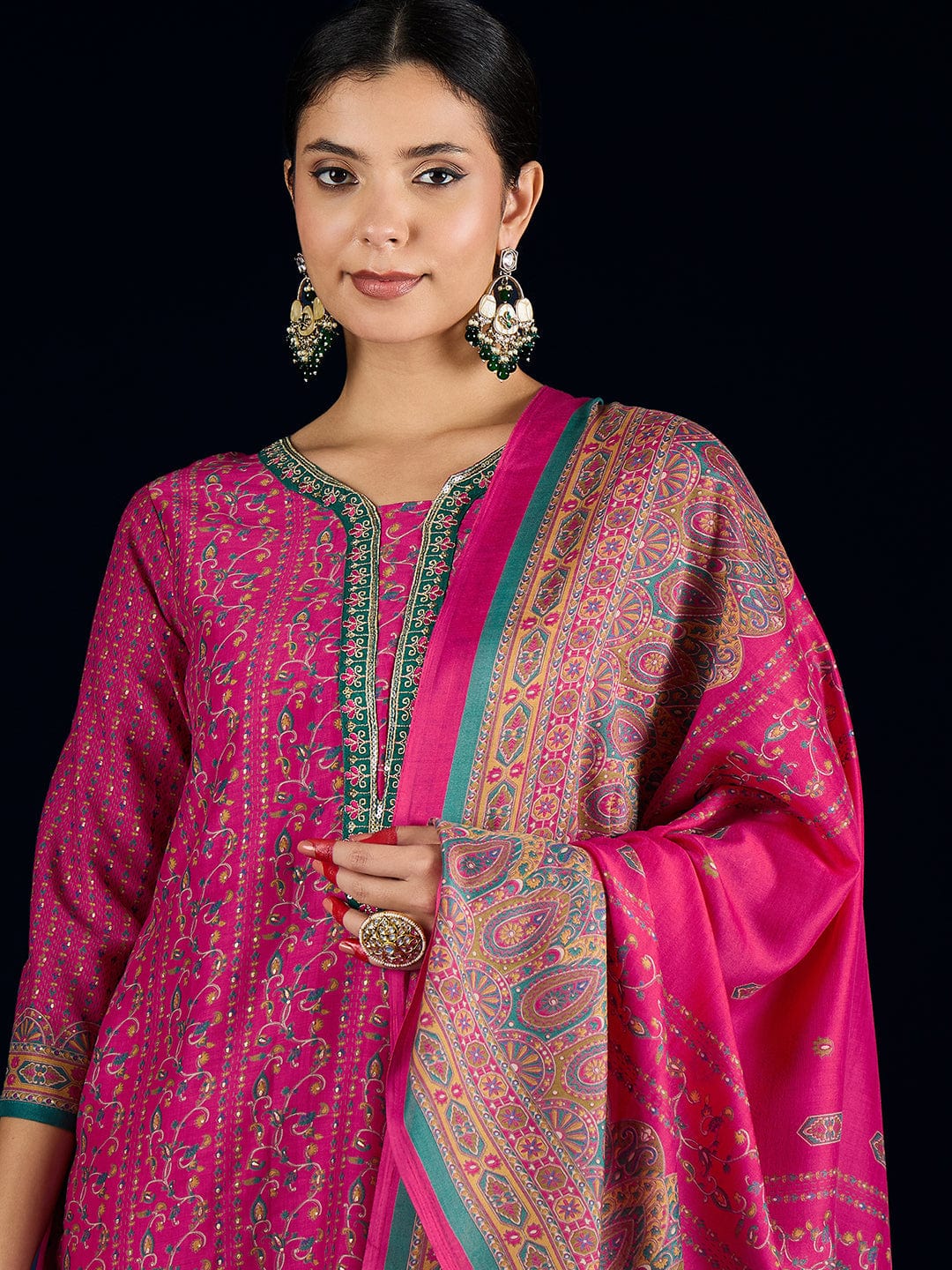 Varanga Fuchsia Ethnic Printed Straight Kurta With Lace Round Neck, Paired With Solid Trousers And A Printed Dupatta.