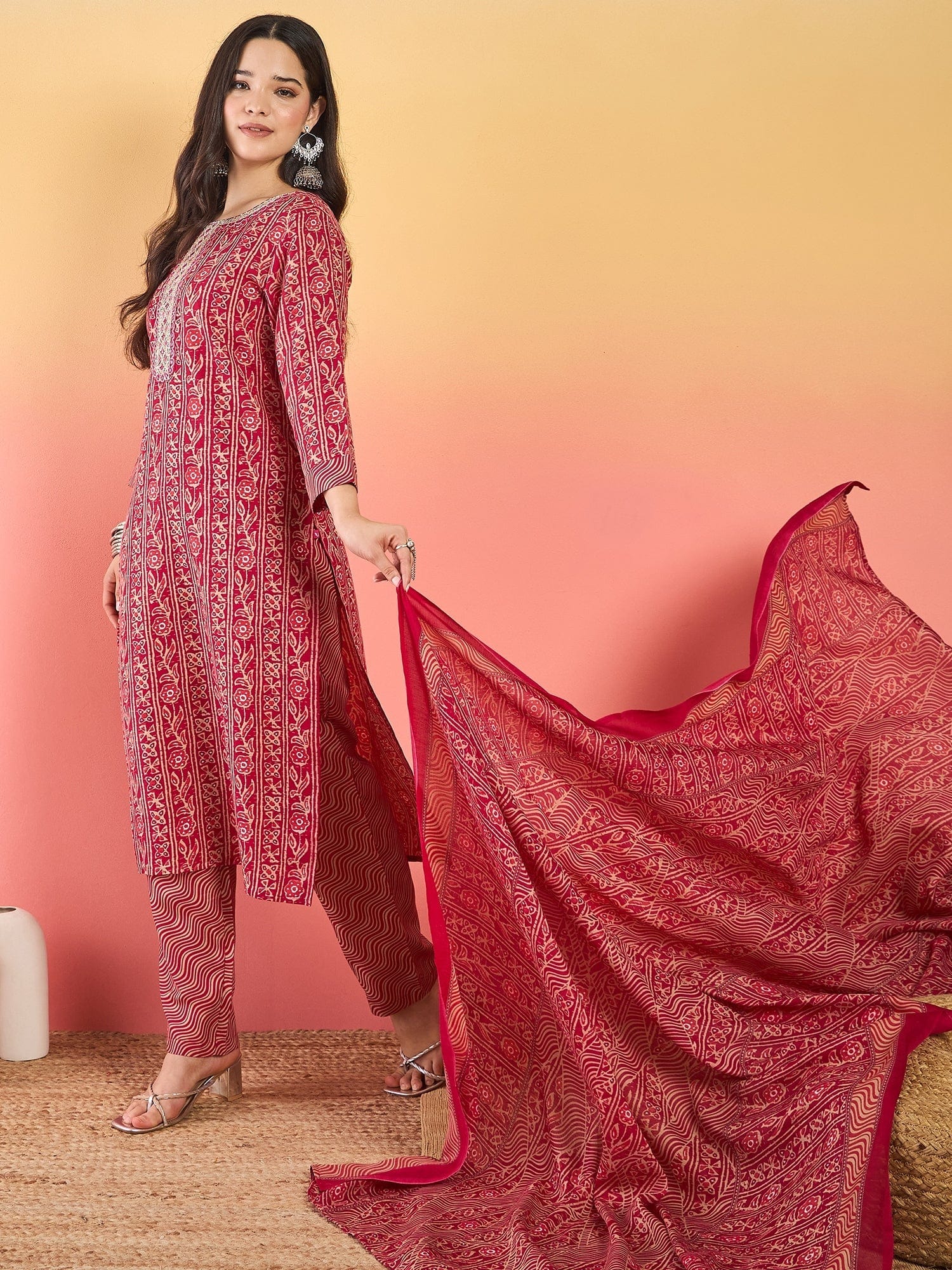 Varanga Kurta Set With Zari Yoke Embroidery, Printed Trousers, And Floral Dupatta