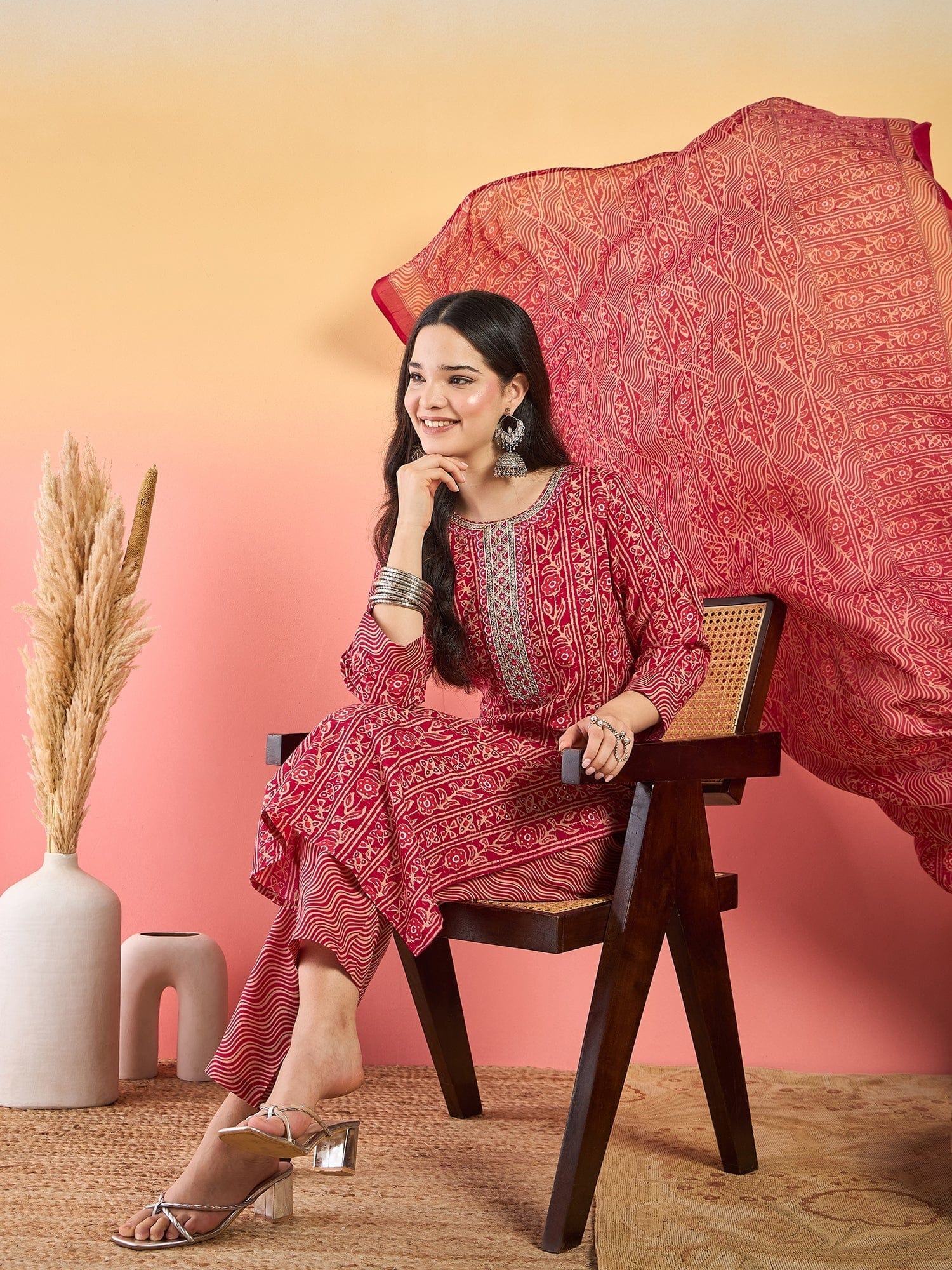 Varanga Kurta Set With Zari Yoke Embroidery, Printed Trousers, And Floral Dupatta
