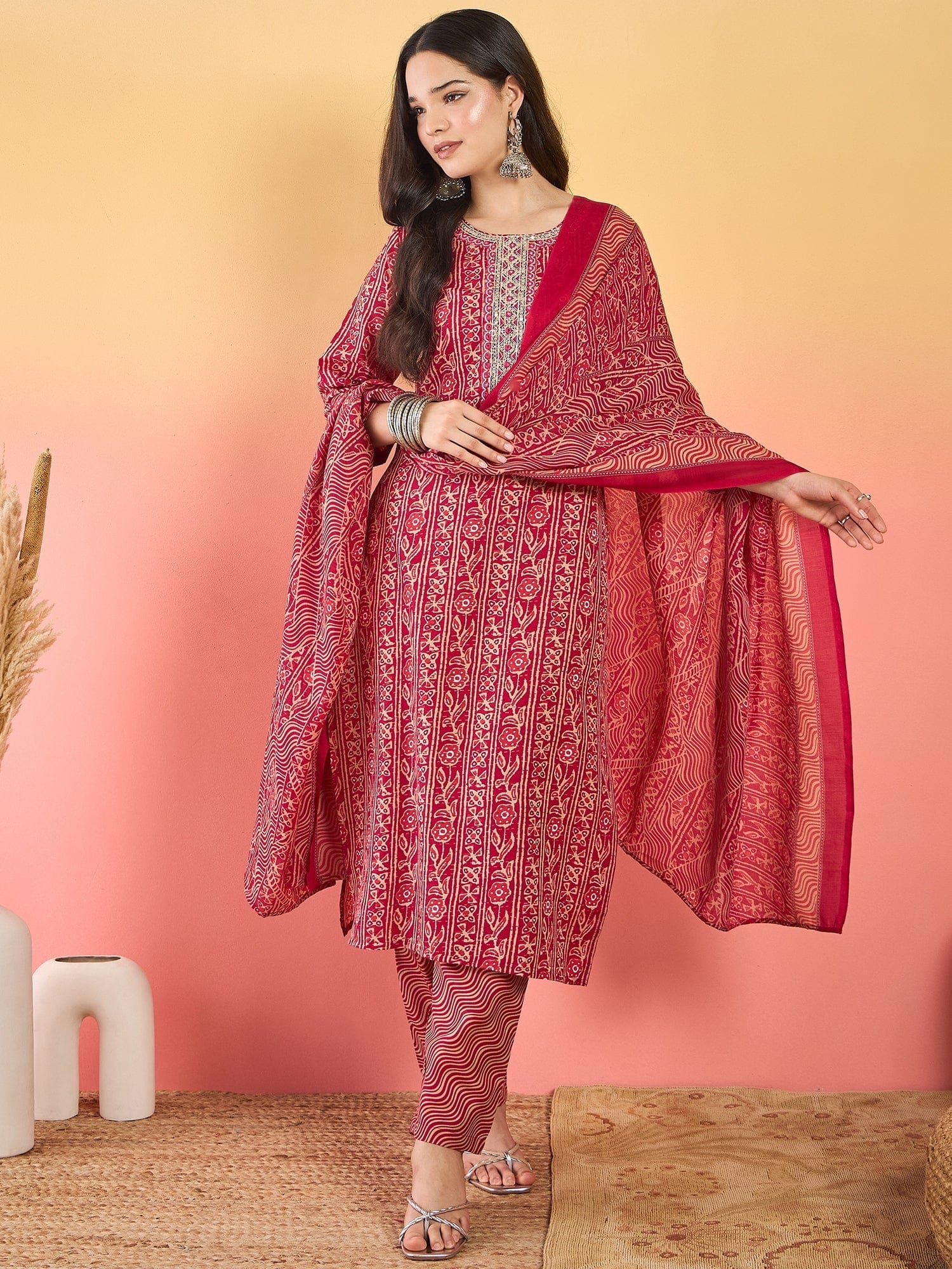 Varanga Kurta Set With Zari Yoke Embroidery, Printed Trousers, And Floral Dupatta
