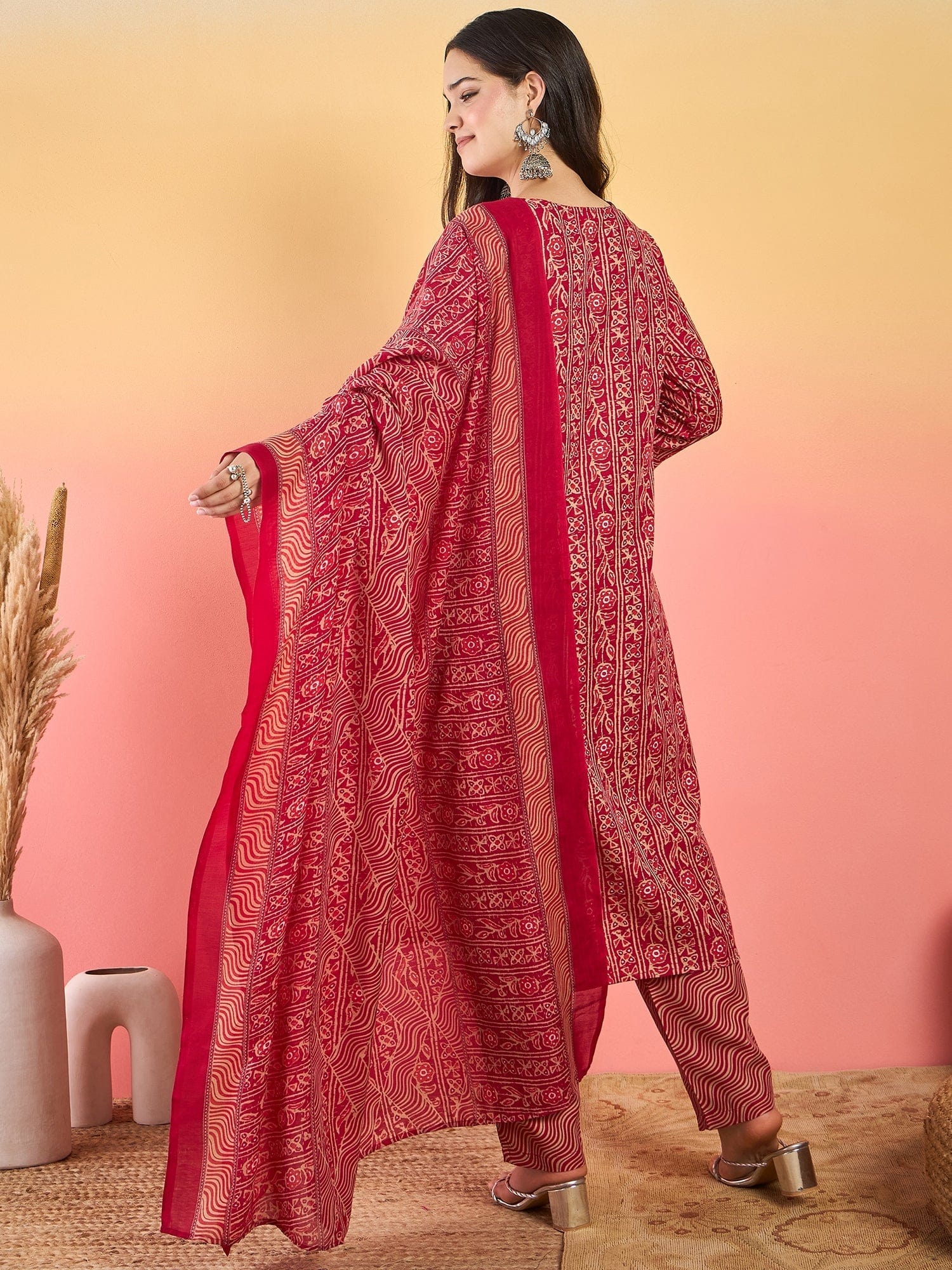 Varanga Kurta Set With Zari Yoke Embroidery, Printed Trousers, And Floral Dupatta