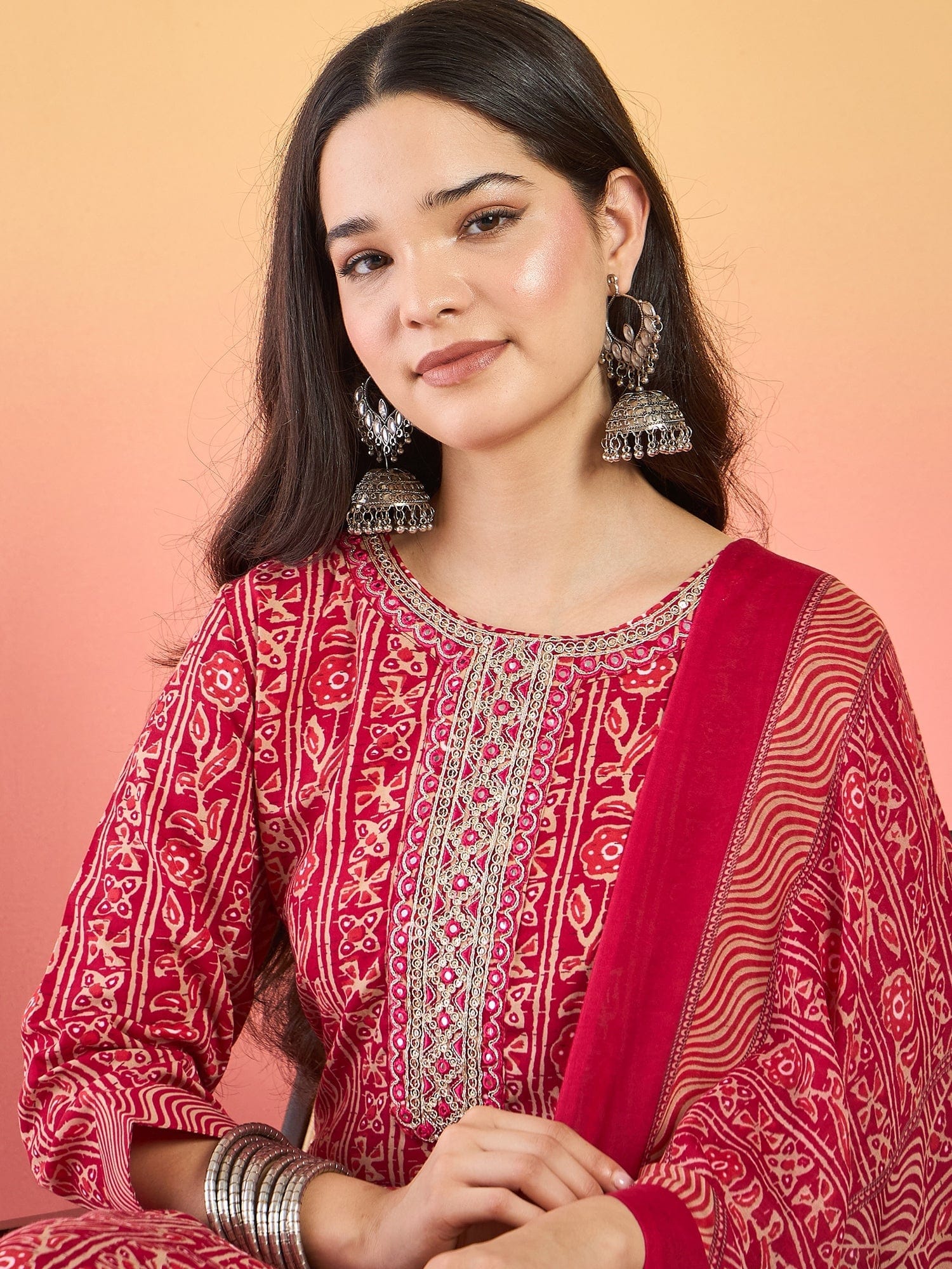 Varanga Kurta Set With Zari Yoke Embroidery, Printed Trousers, And Floral Dupatta