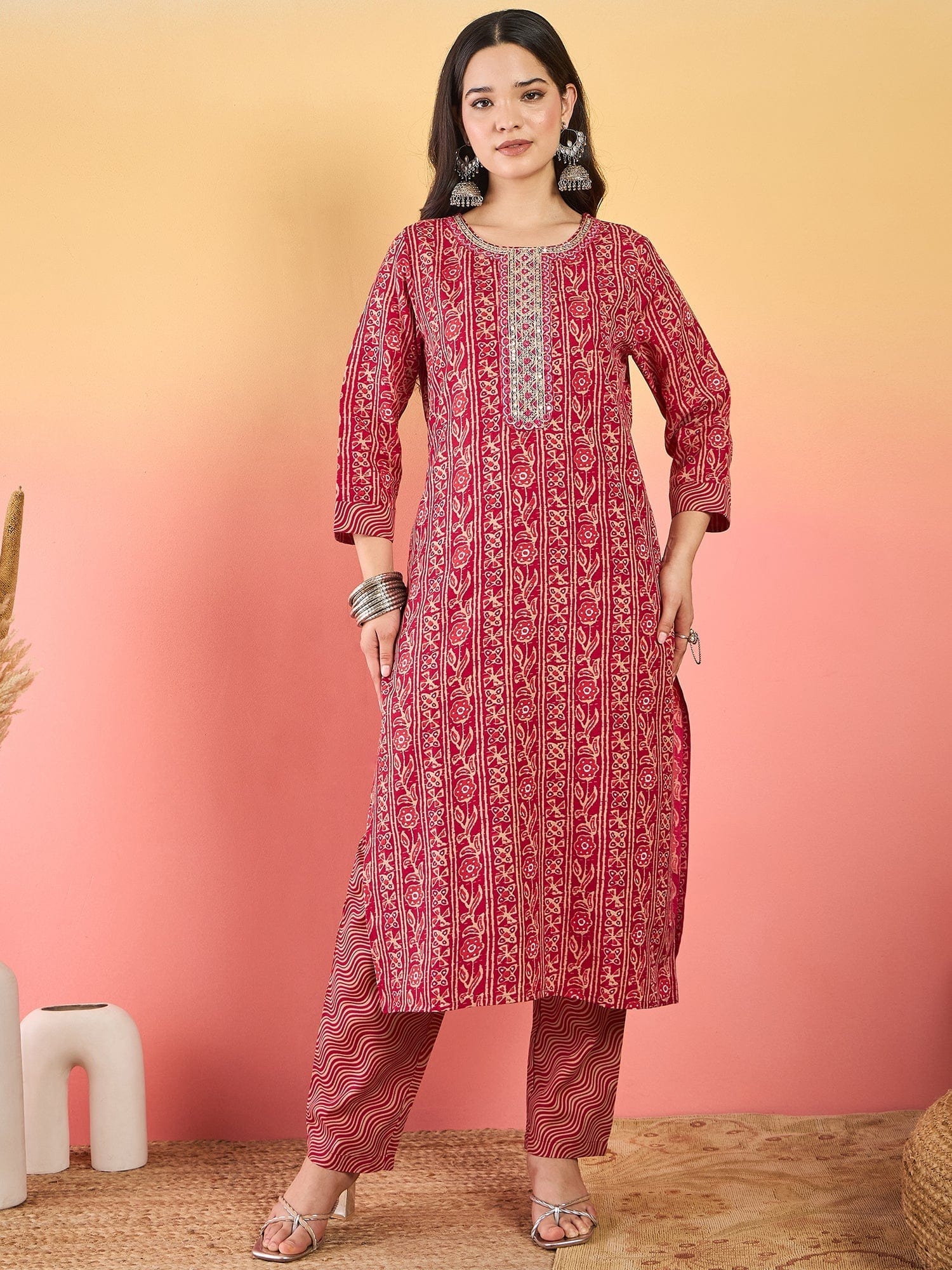 Varanga Kurta Set With Zari Yoke Embroidery, Printed Trousers, And Floral Dupatta