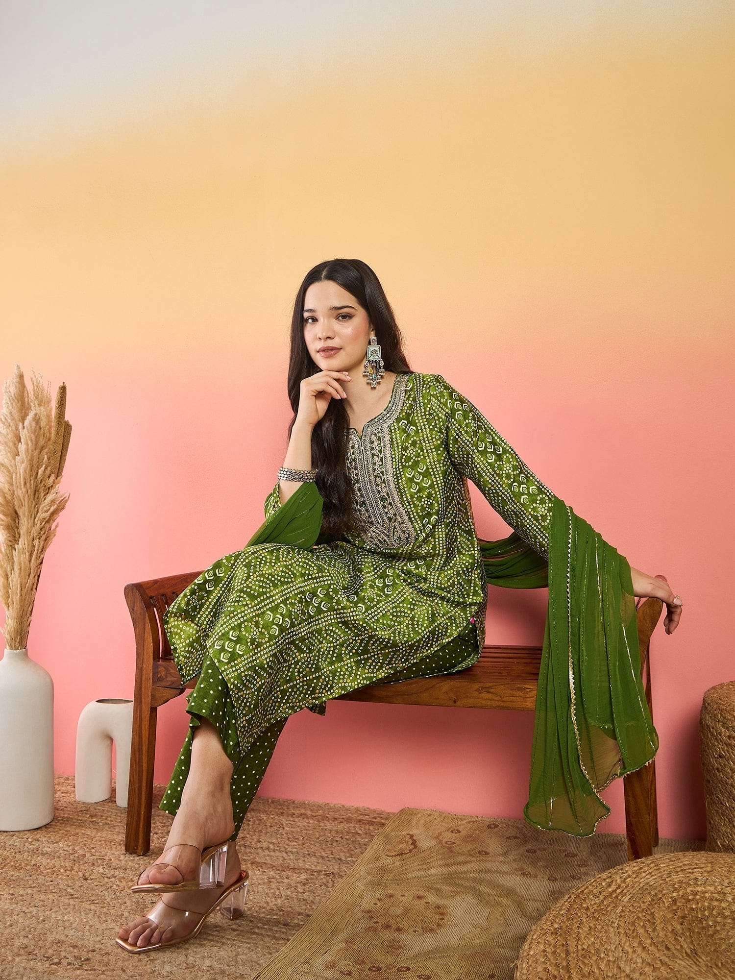 Varanga Kurta With Zari-Embroidered Yoke, Paired With Trousers And A Solid Lace-Detailed Dupatta .
