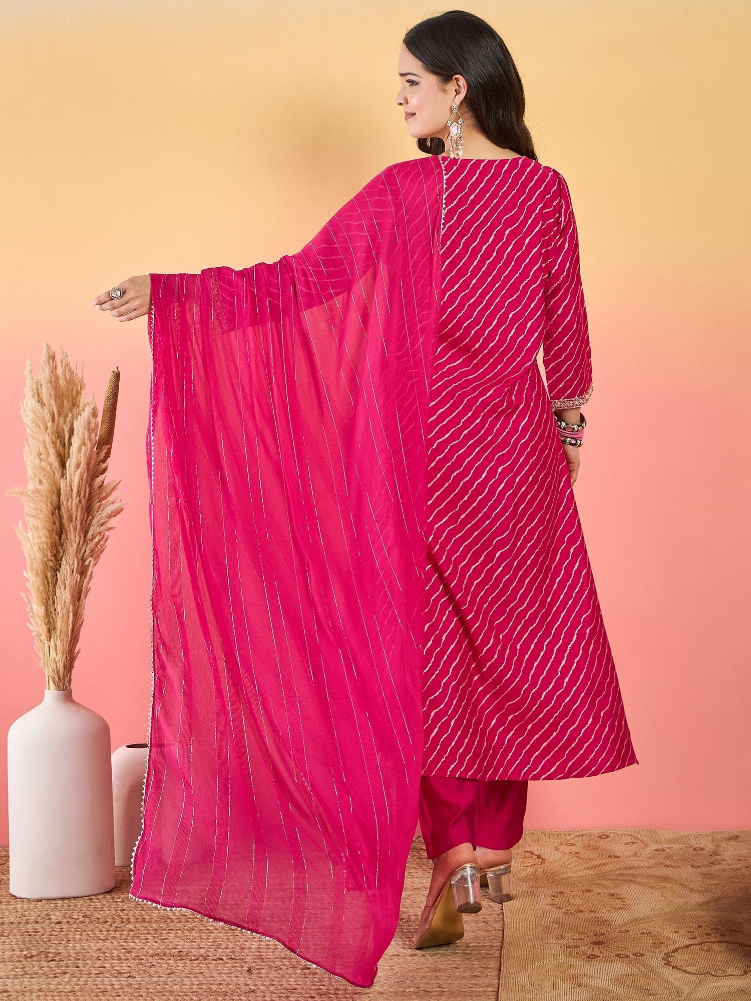 Varanga Bandhani-Printed Fuchsia Anarkali With Zari-Embroidered Yoke, Paired With Solid Trousers And Dupatta .