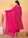 Varanga Bandhani-Printed Fuchsia Anarkali With Zari-Embroidered Yoke, Paired With Solid Trousers And Dupatta .