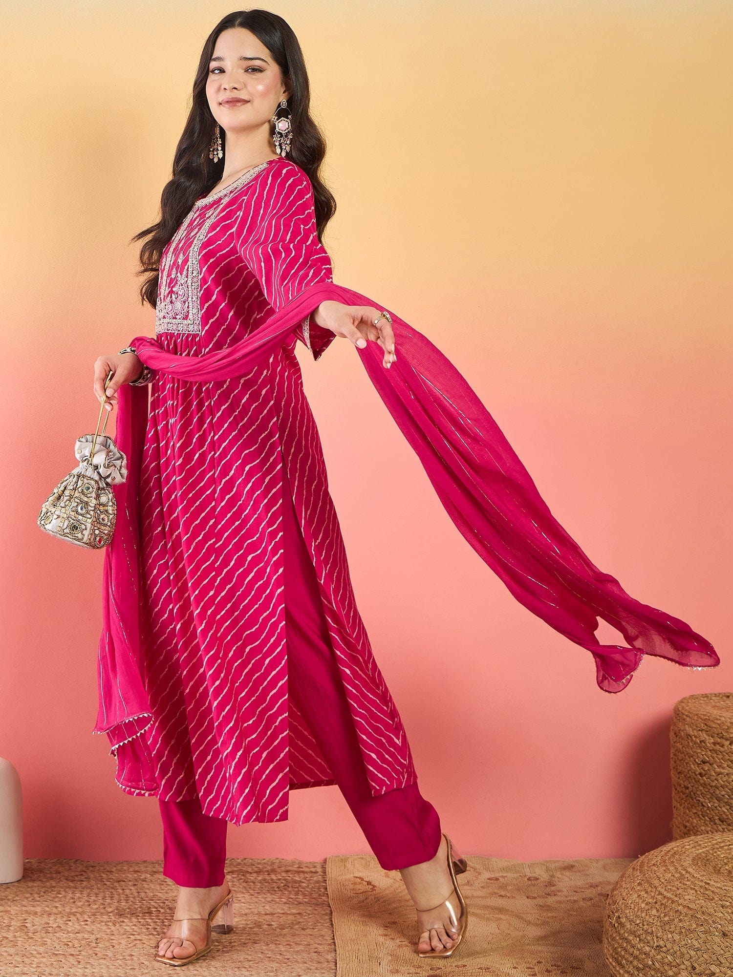 Varanga Bandhani-Printed Fuchsia Anarkali With Zari-Embroidered Yoke, Paired With Solid Trousers And Dupatta .