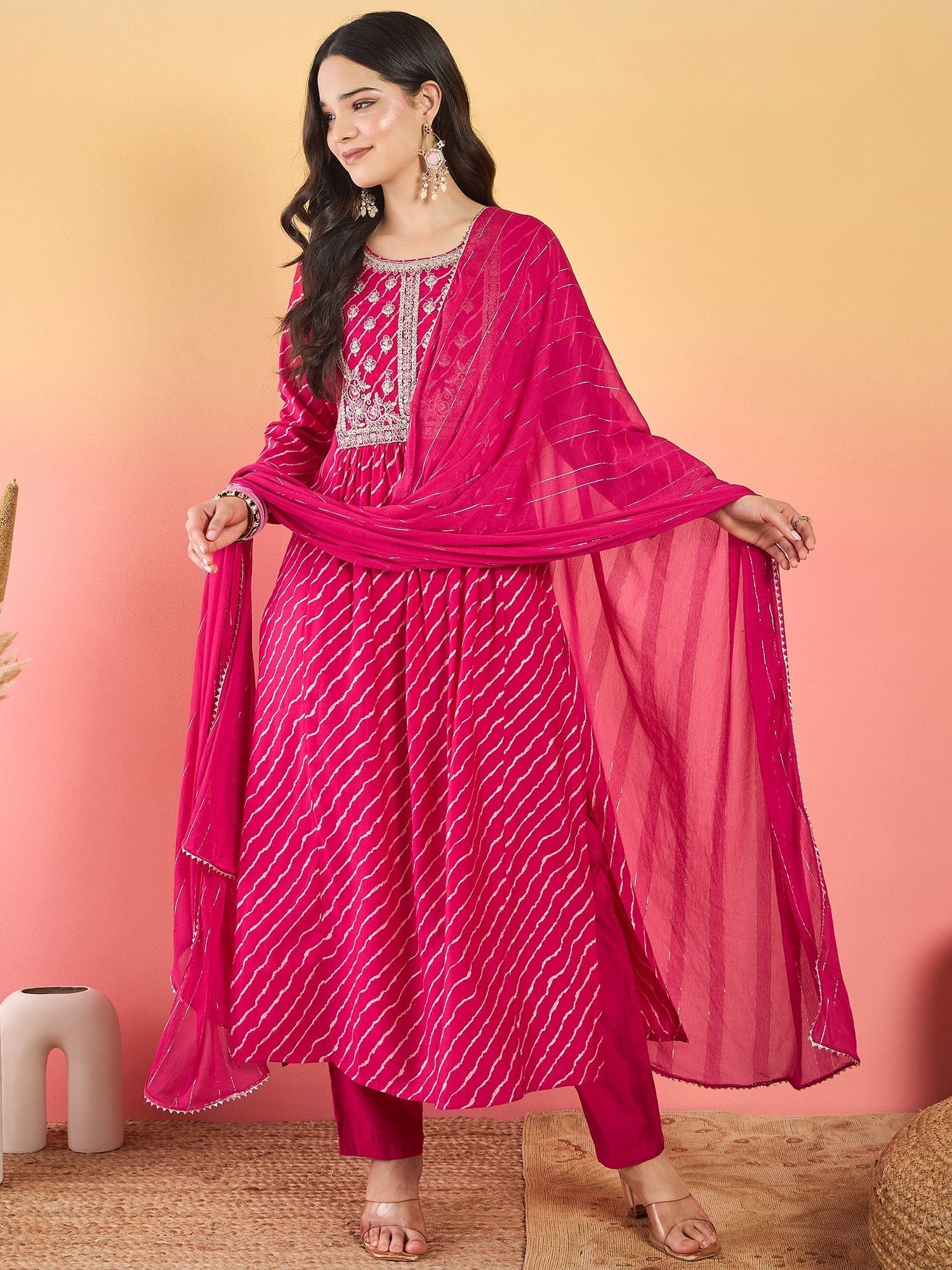 Varanga Bandhani-Printed Fuchsia Anarkali With Zari-Embroidered Yoke, Paired With Solid Trousers And Dupatta .