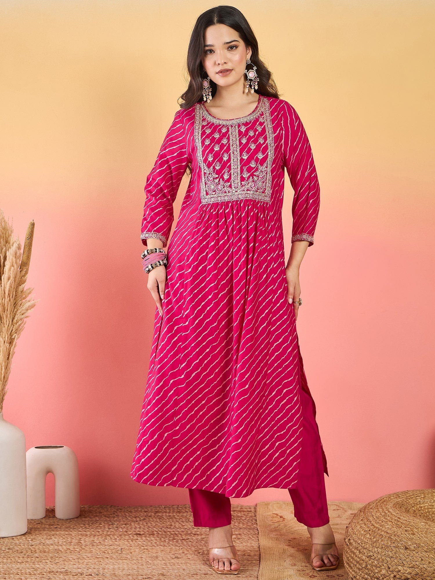 Varanga Bandhani-Printed Fuchsia Anarkali With Zari-Embroidered Yoke, Paired With Solid Trousers And Dupatta .