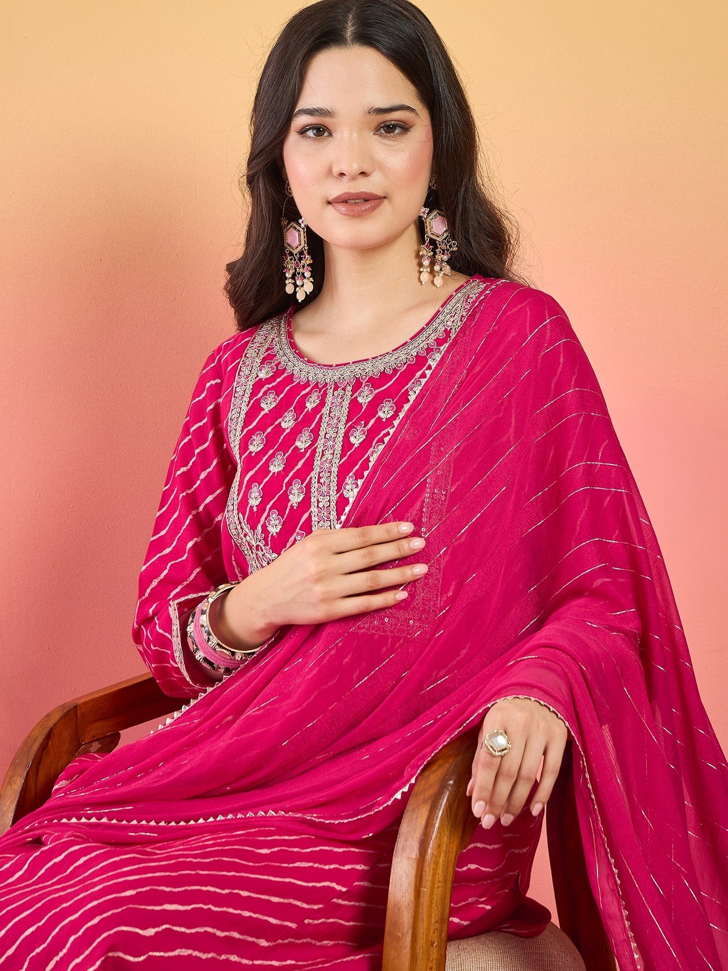 Varanga Bandhani-Printed Fuchsia Anarkali With Zari-Embroidered Yoke, Paired With Solid Trousers And Dupatta .