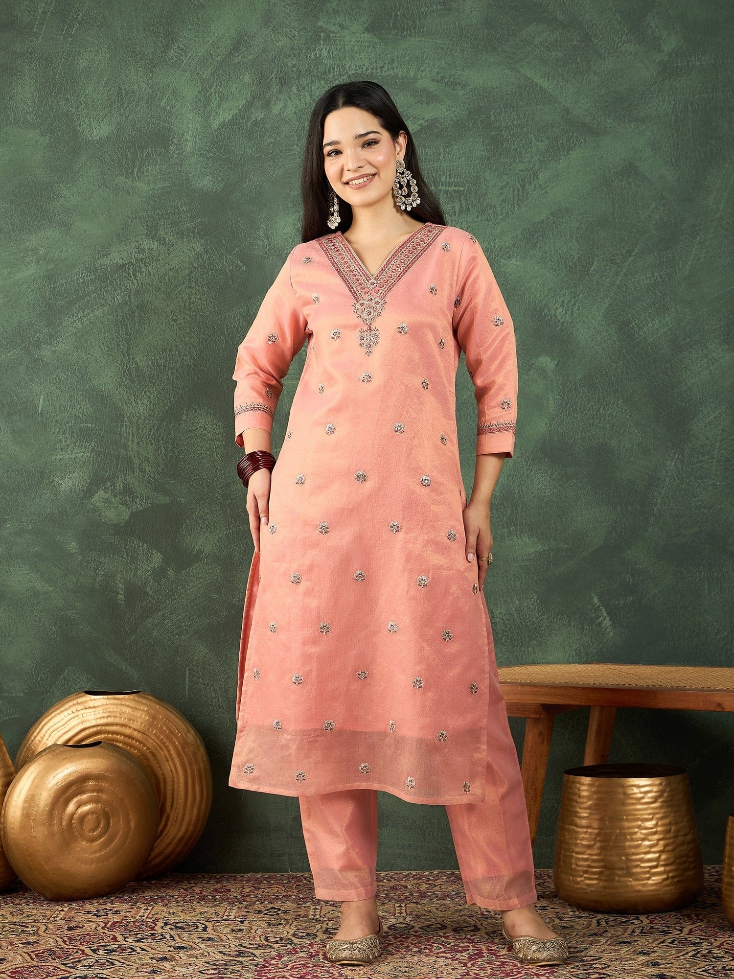 Varanga Zari-Embroidered Kurta Paired With Solid Trousers And A Tonal Dupatta .