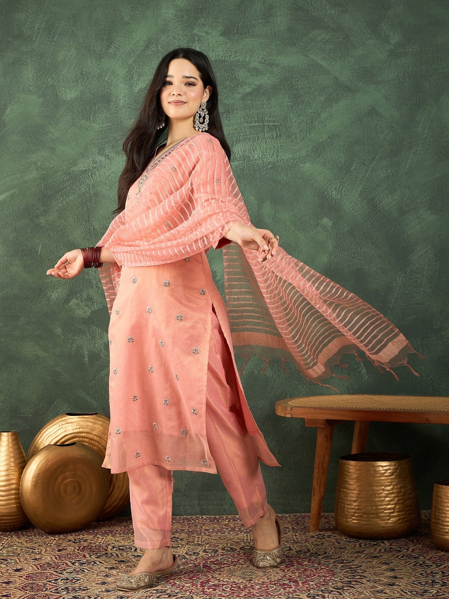 Varanga Zari-Embroidered Kurta Paired With Solid Trousers And A Tonal Dupatta .