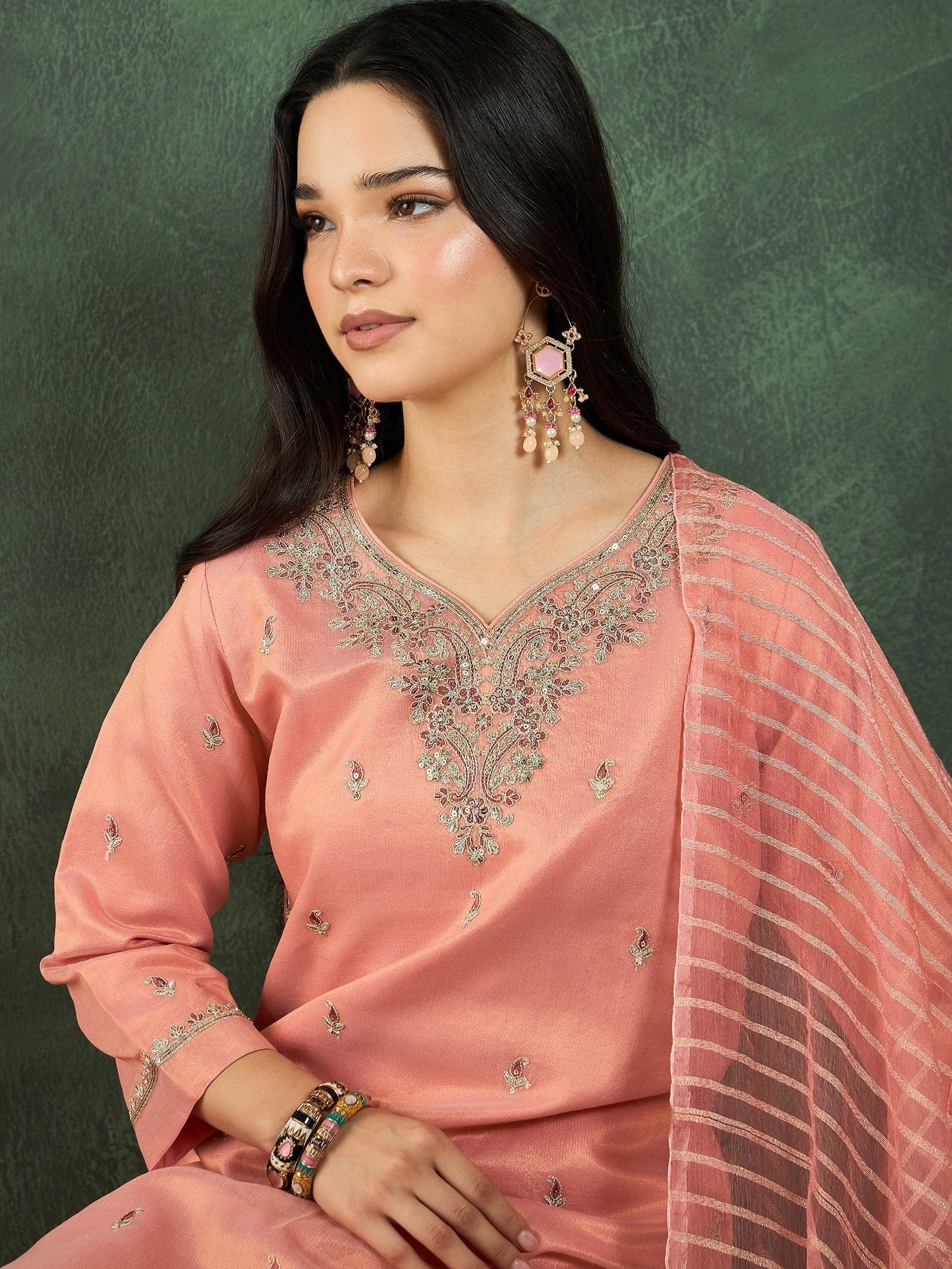 Varanga Zari-Embroidered Kurta Paired With Solid Trousers And A Tonal Dupatta .