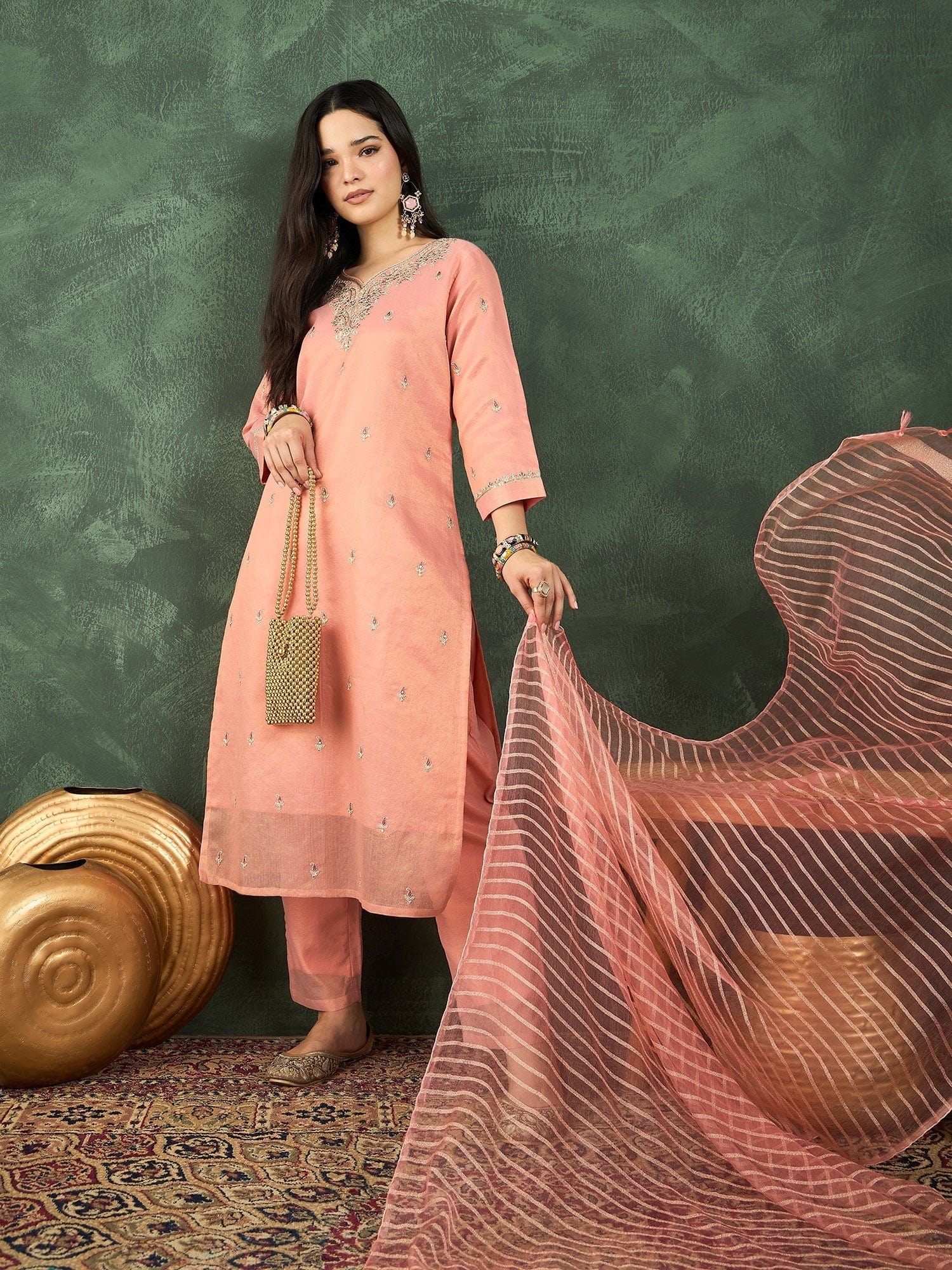 Varanga Zari-Embroidered Kurta Paired With Solid Trousers And A Tonal Dupatta .