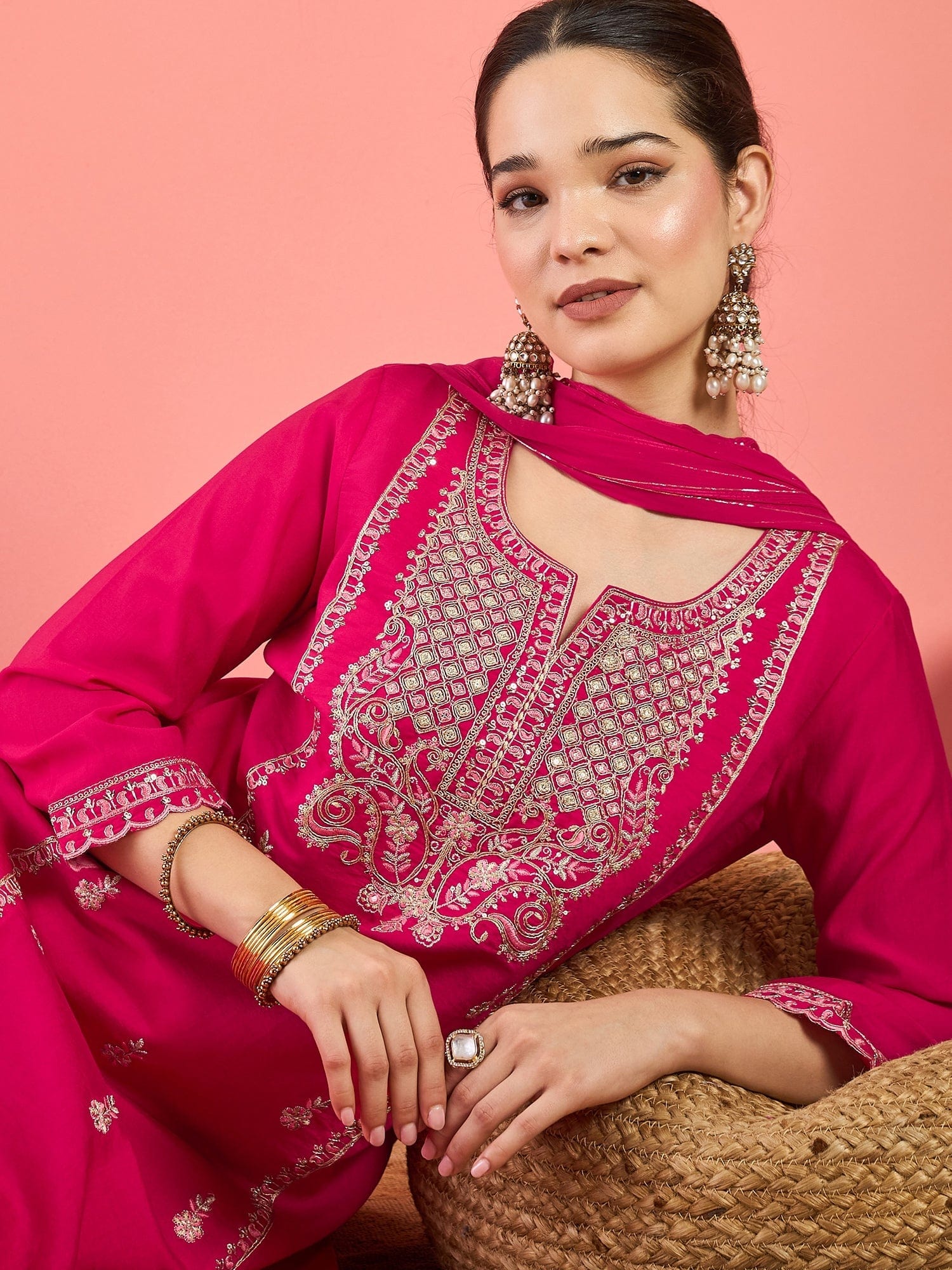 Varanga Kurta Adorned With Thread Embroidery, Teamed With Trousers And Paired With Dupatta Featuring  Lace Detailing