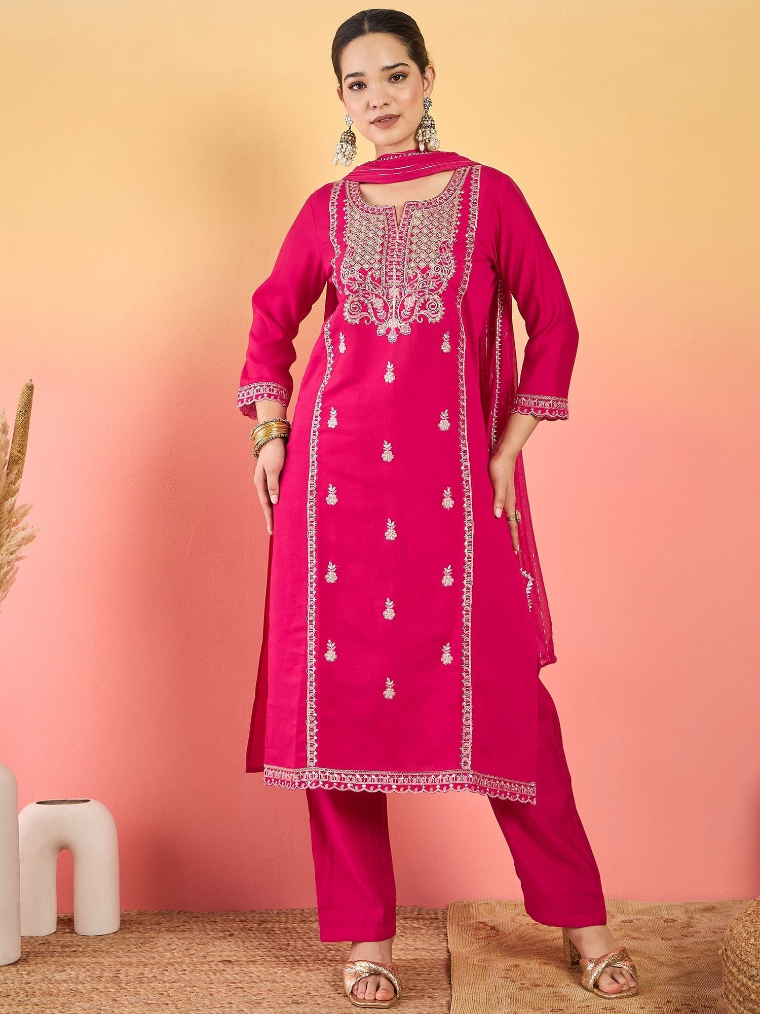 Varanga Kurta Adorned With Thread Embroidery, Teamed With Trousers And Paired With Dupatta Featuring  Lace Detailing