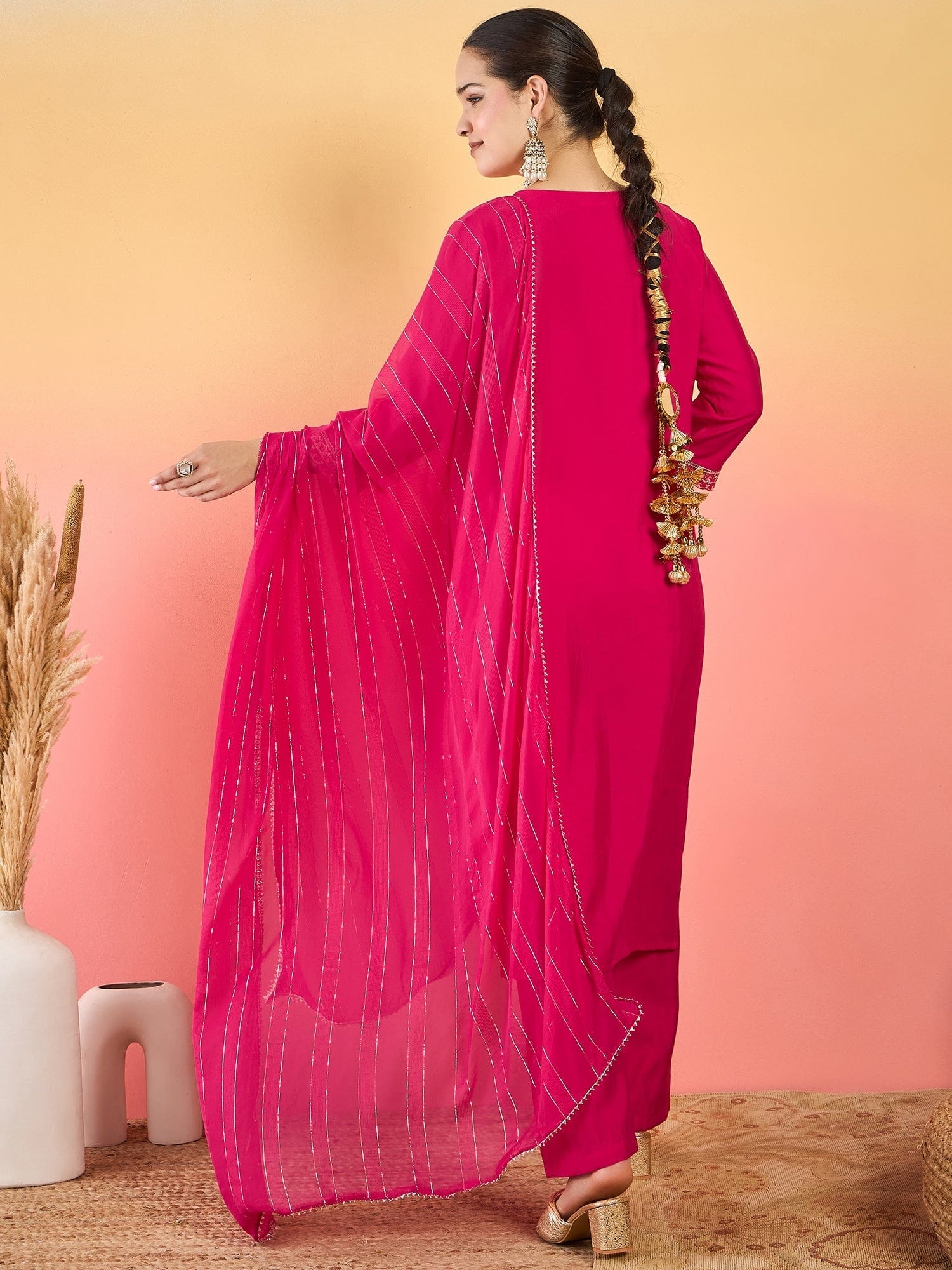 Varanga Kurta Adorned With Thread Embroidery, Teamed With Trousers And Paired With Dupatta Featuring  Lace Detailing