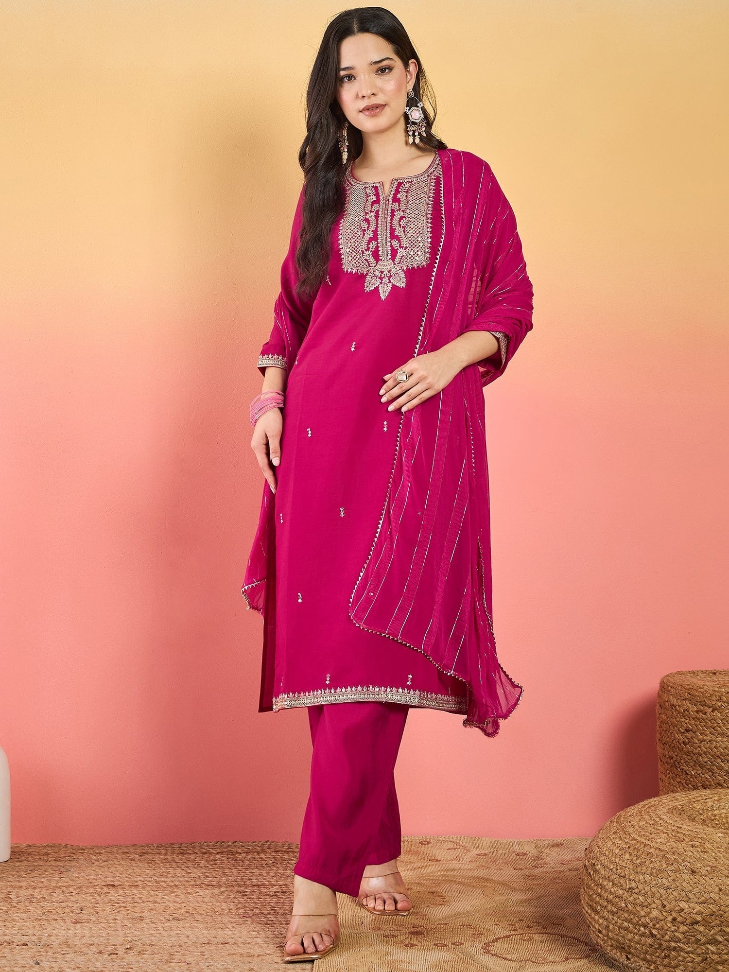 Varanga Kurta Adorned With Thread Embroidery, Teamed With Trousers And Paired With Dupatta With And Lace Detailing