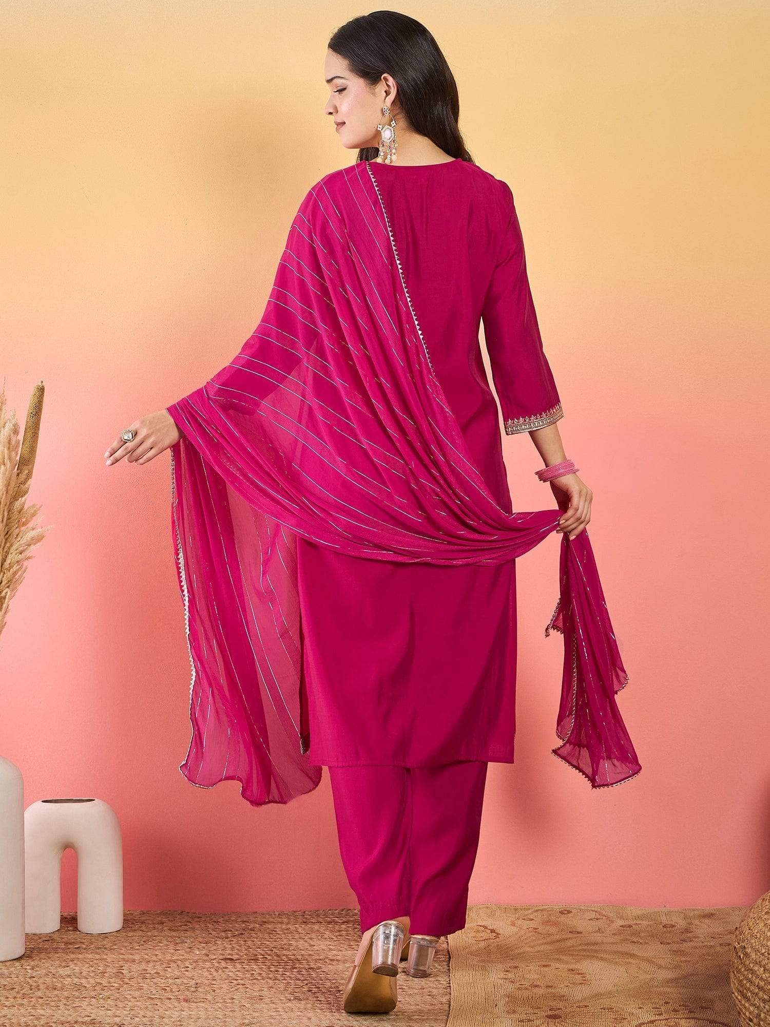 Varanga Kurta Adorned With Thread Embroidery, Teamed With Trousers And Paired With Dupatta With And Lace Detailing