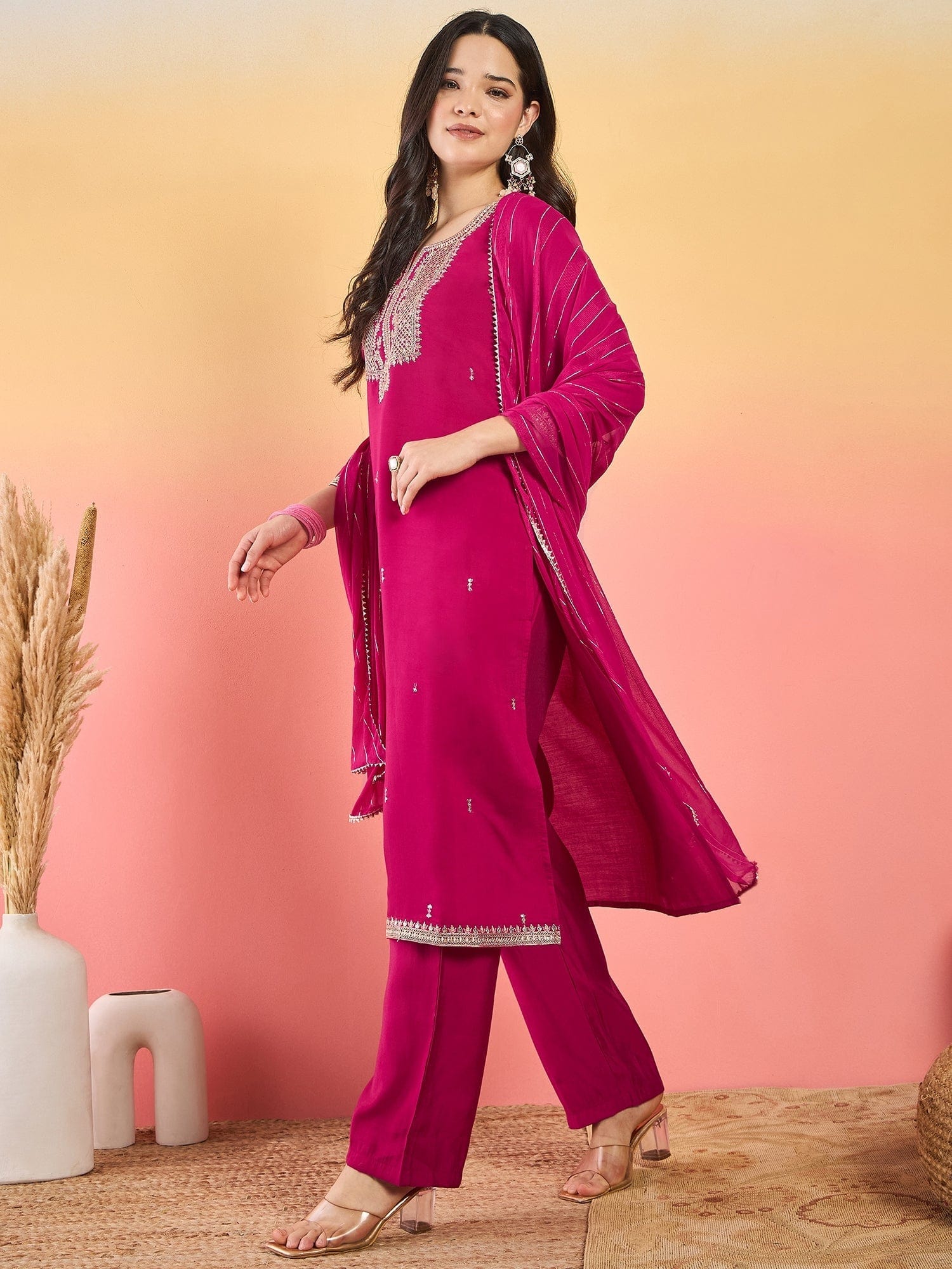 Varanga Kurta Adorned With Thread Embroidery, Teamed With Trousers And Paired With Dupatta With And Lace Detailing