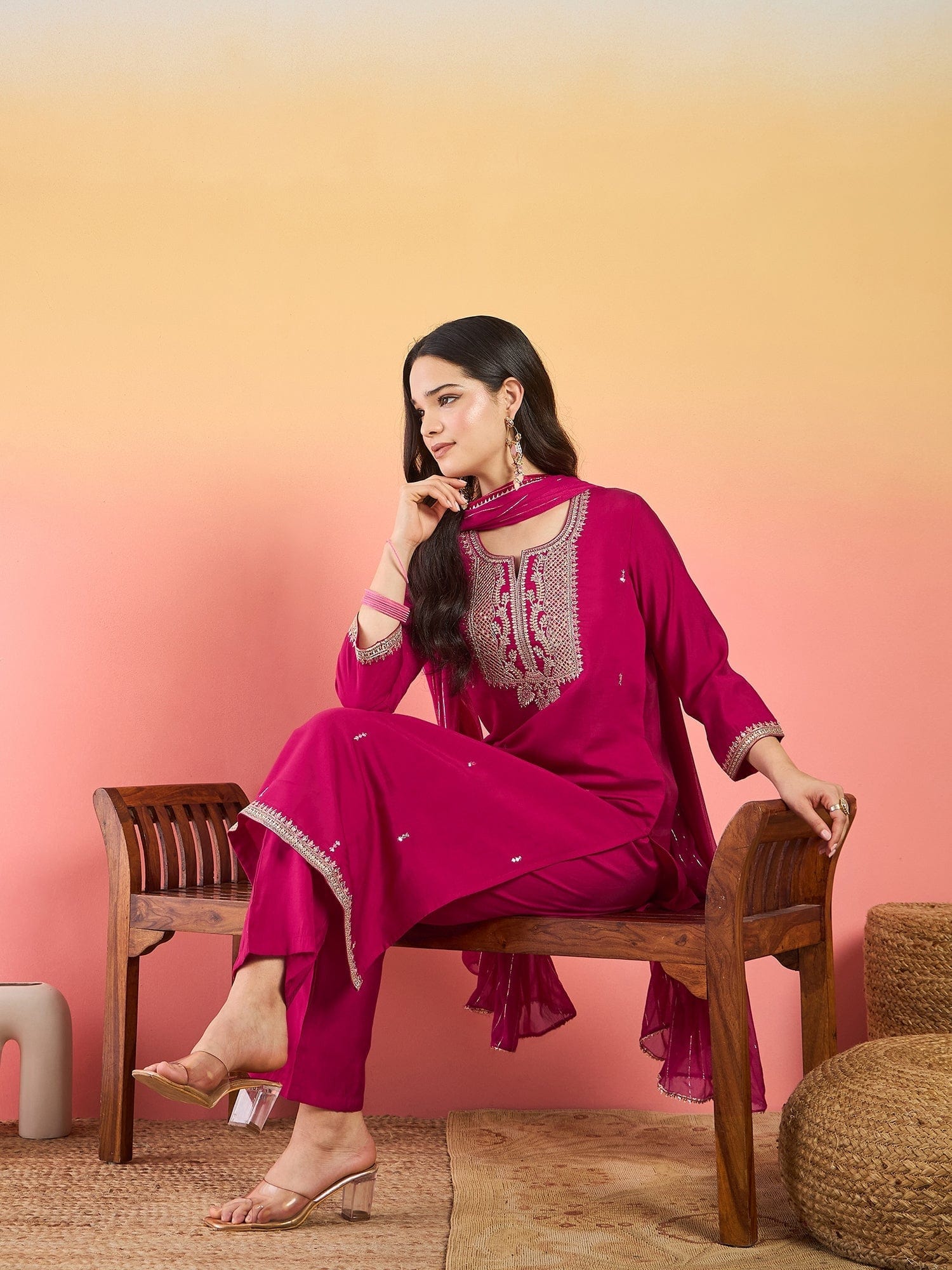 Varanga Kurta Adorned With Thread Embroidery, Teamed With Trousers And Paired With Dupatta With And Lace Detailing
