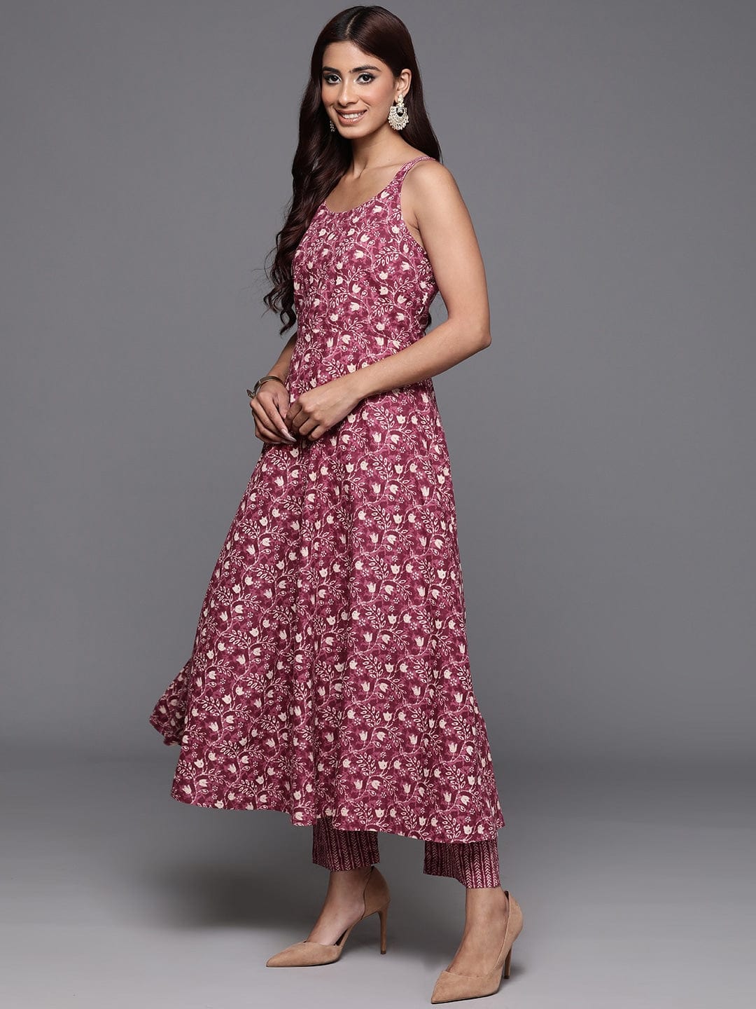 Varanga Women Burgundy Floral Printed Anarkali Kurta With Tonal Bottom And Dupatta