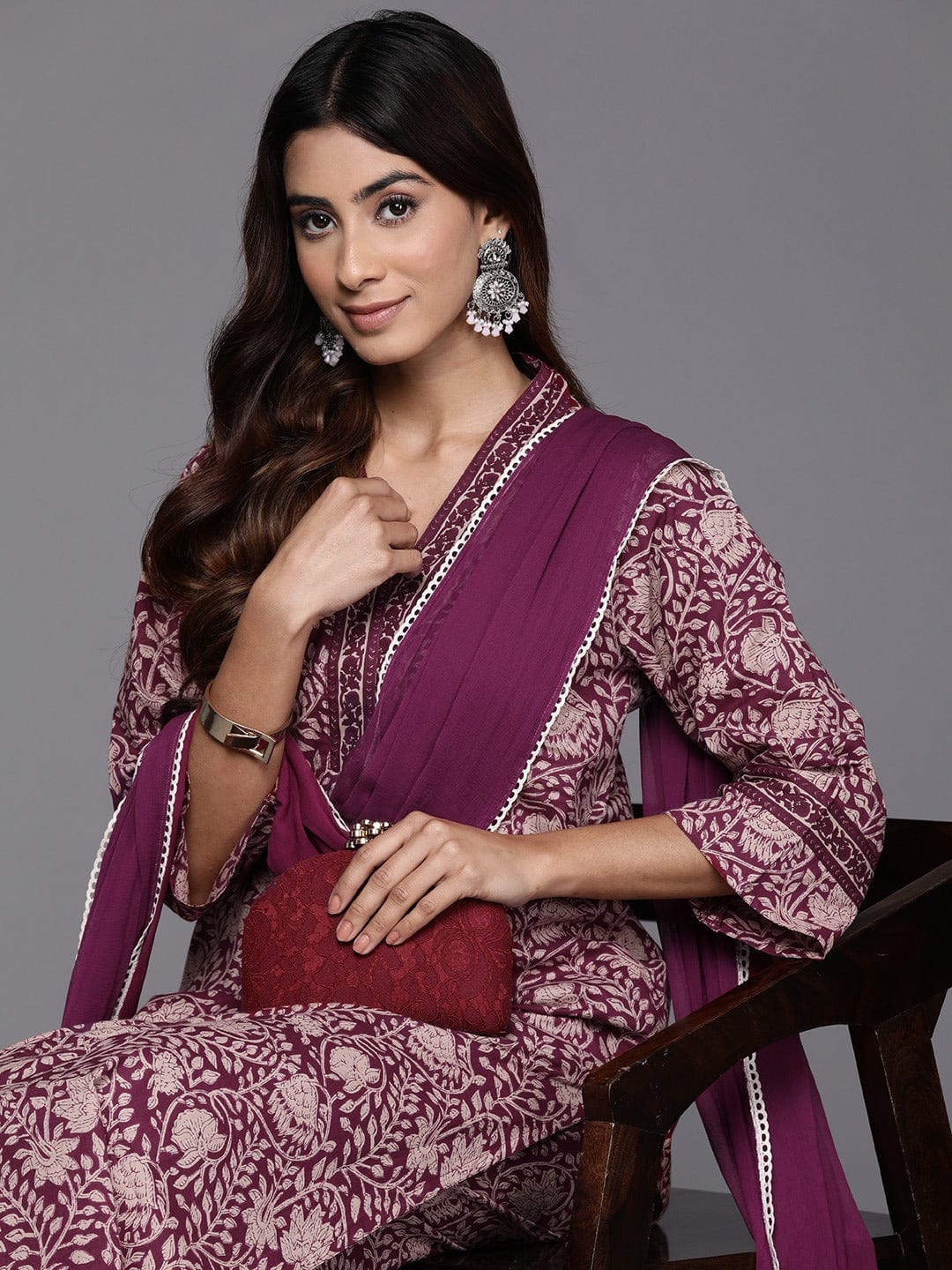 Varanga Women Purple Floral Printed Straight Kurta With Afghani Bottom And Dupatta