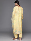 Varanga Women Yellow Abstract Printed Round Neck Straight Pure Muslin Kurta Paired With Tonal Bottom And   Organza Embroiderd Dupatta