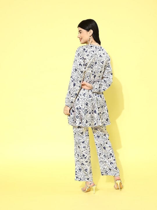 Varanga Women White Floral Printed Top Paired With Tonal Printed Bottom