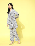 Varanga Women White Floral Printed Top Paired With Tonal Printed Bottom
