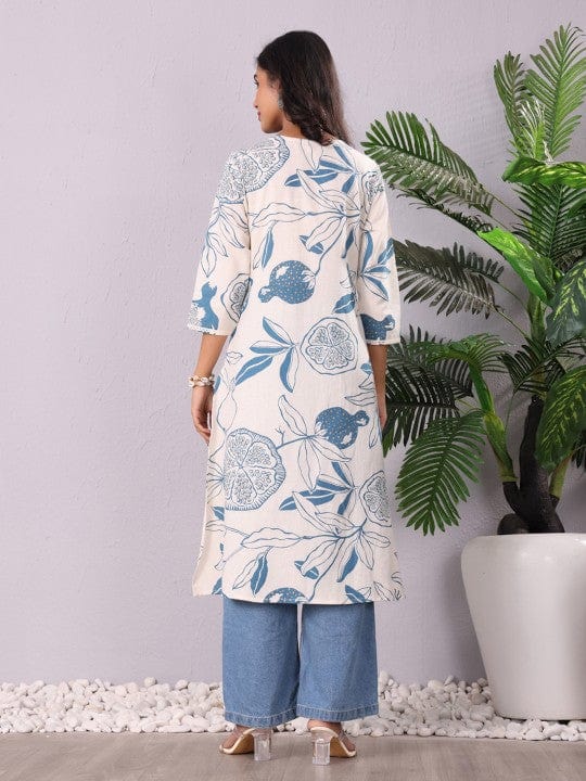 Varanga White & Blue Floral Printed V-Neck Sequinned Panelled Cotton A-Line Kurta