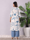 Varanga White & Blue Floral Printed V-Neck Sequinned Panelled Cotton A-Line Kurta