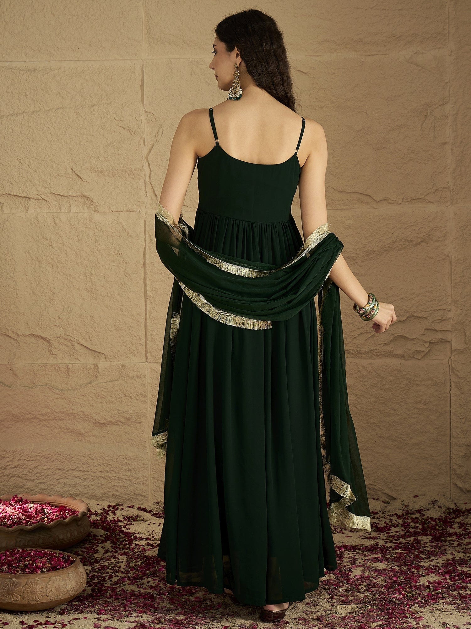 Varanga Women Green Gota Patti Zari Embroidered Yoke Long Anarkali.
