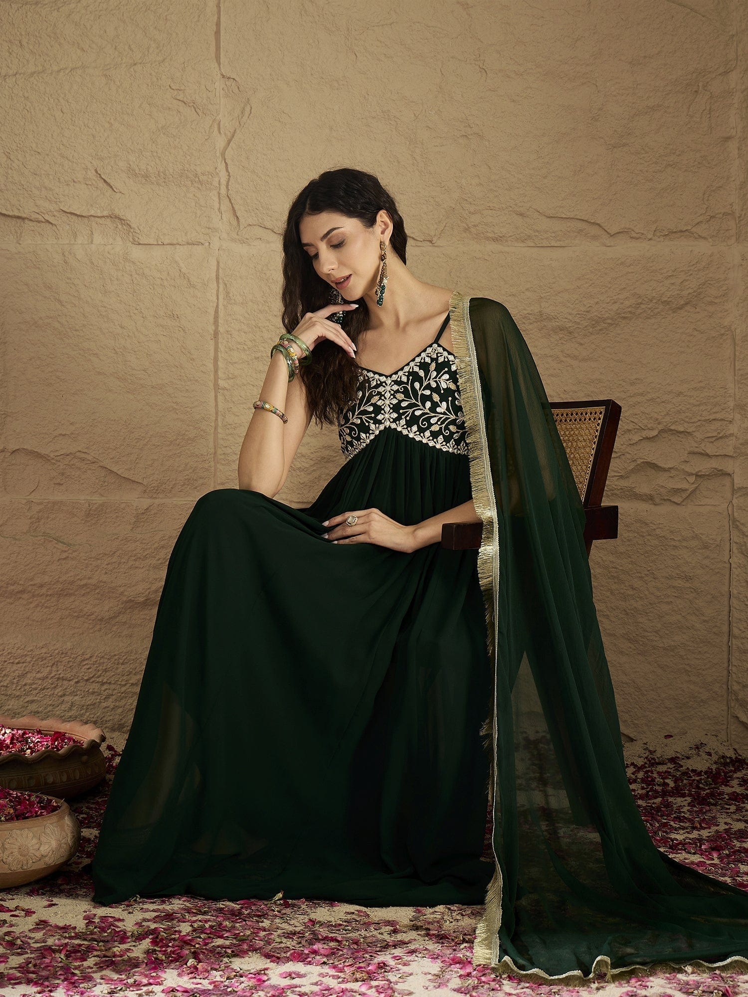 Varanga Women Green Gota Patti Zari Embroidered Yoke Long Anarkali.