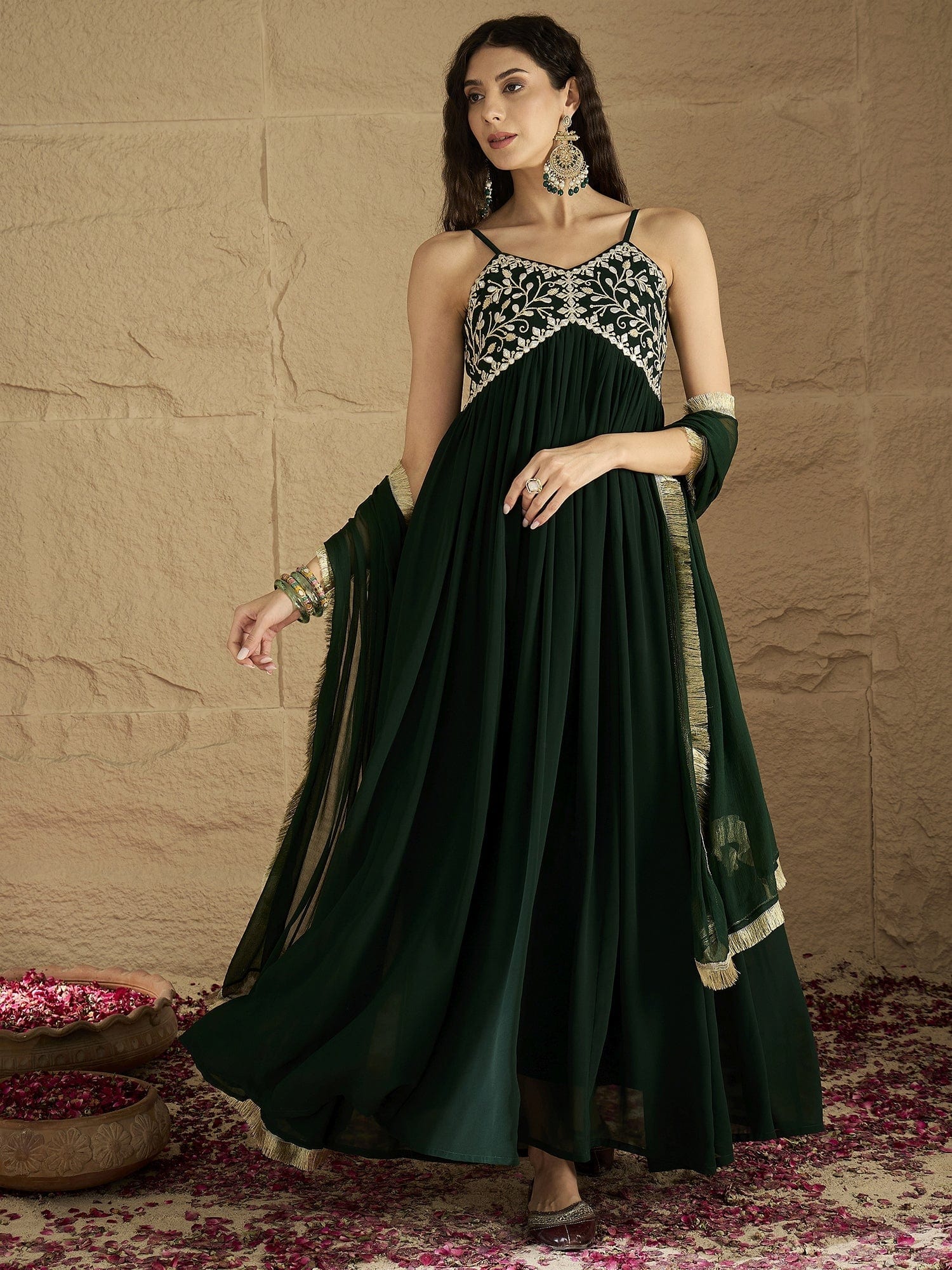 Varanga Women Green Gota Patti Zari Embroidered Yoke Long Anarkali.