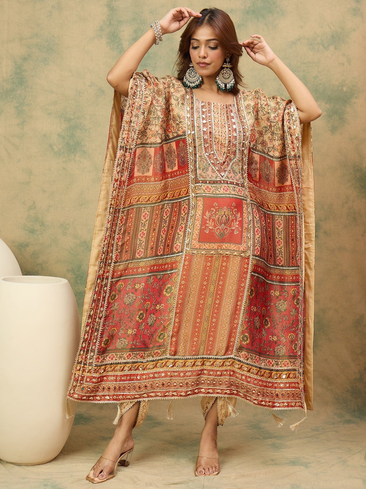 Varanga Women Ethnic Printed Mirror & Gota Embelished Kaftan With Dhoti Pants