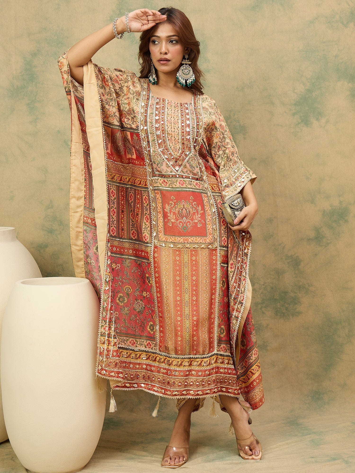 Varanga Women Ethnic Printed Mirror & Gota Embelished Kaftan With Dhoti Pants