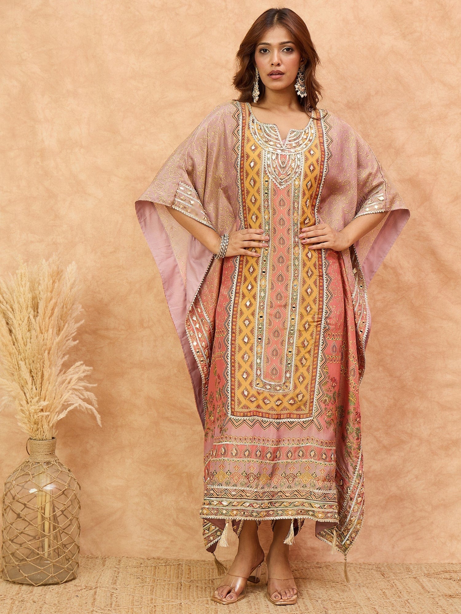 Varanga Women Ethnic Printed Mirror & Gota Embelished Kaftan With Dhoti Pants