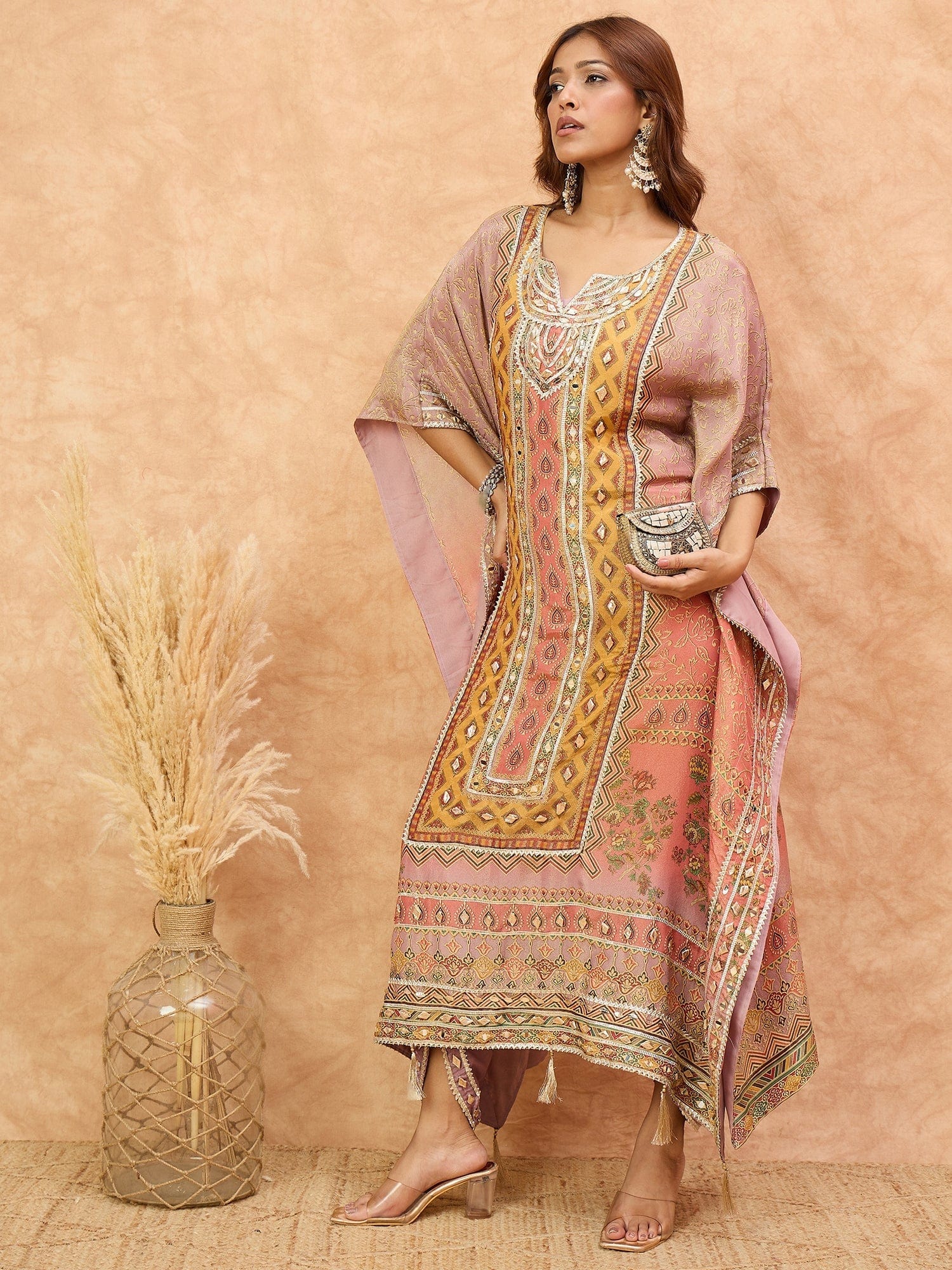 Varanga Women Ethnic Printed Mirror & Gota Embelished Kaftan With Dhoti Pants
