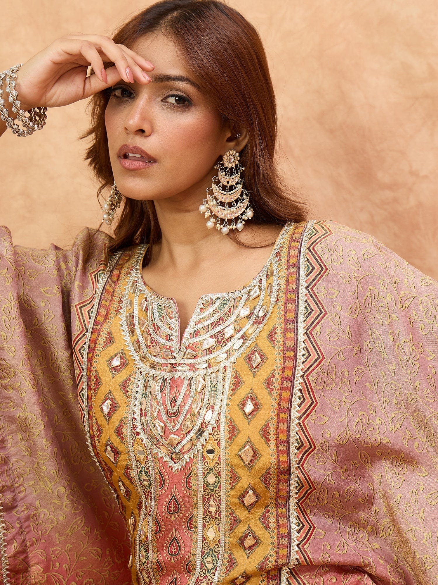 Varanga Women Ethnic Printed Mirror & Gota Embelished Kaftan With Dhoti Pants