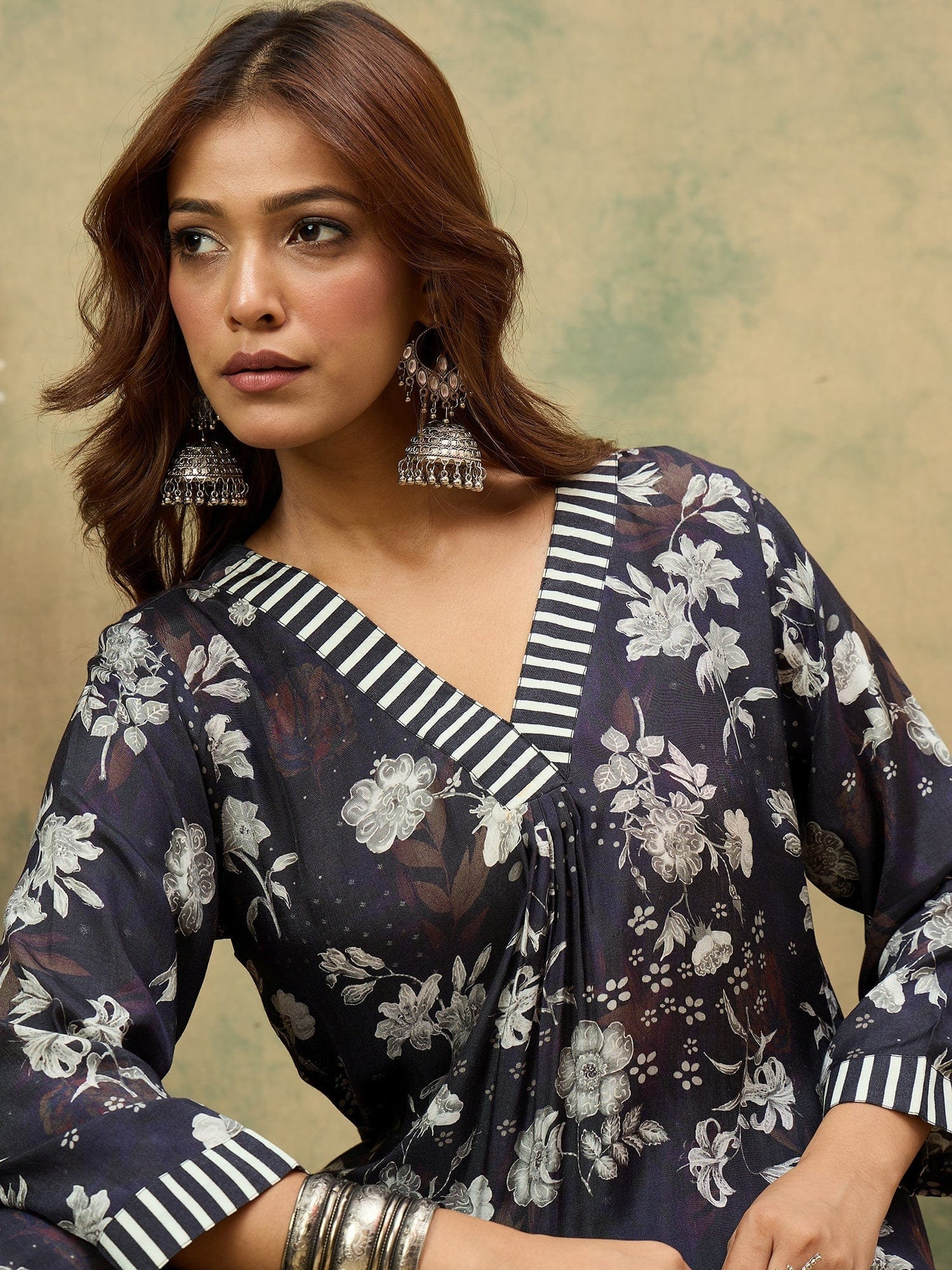 Floral Printed V Neck Kurta With Stripe Trouser
