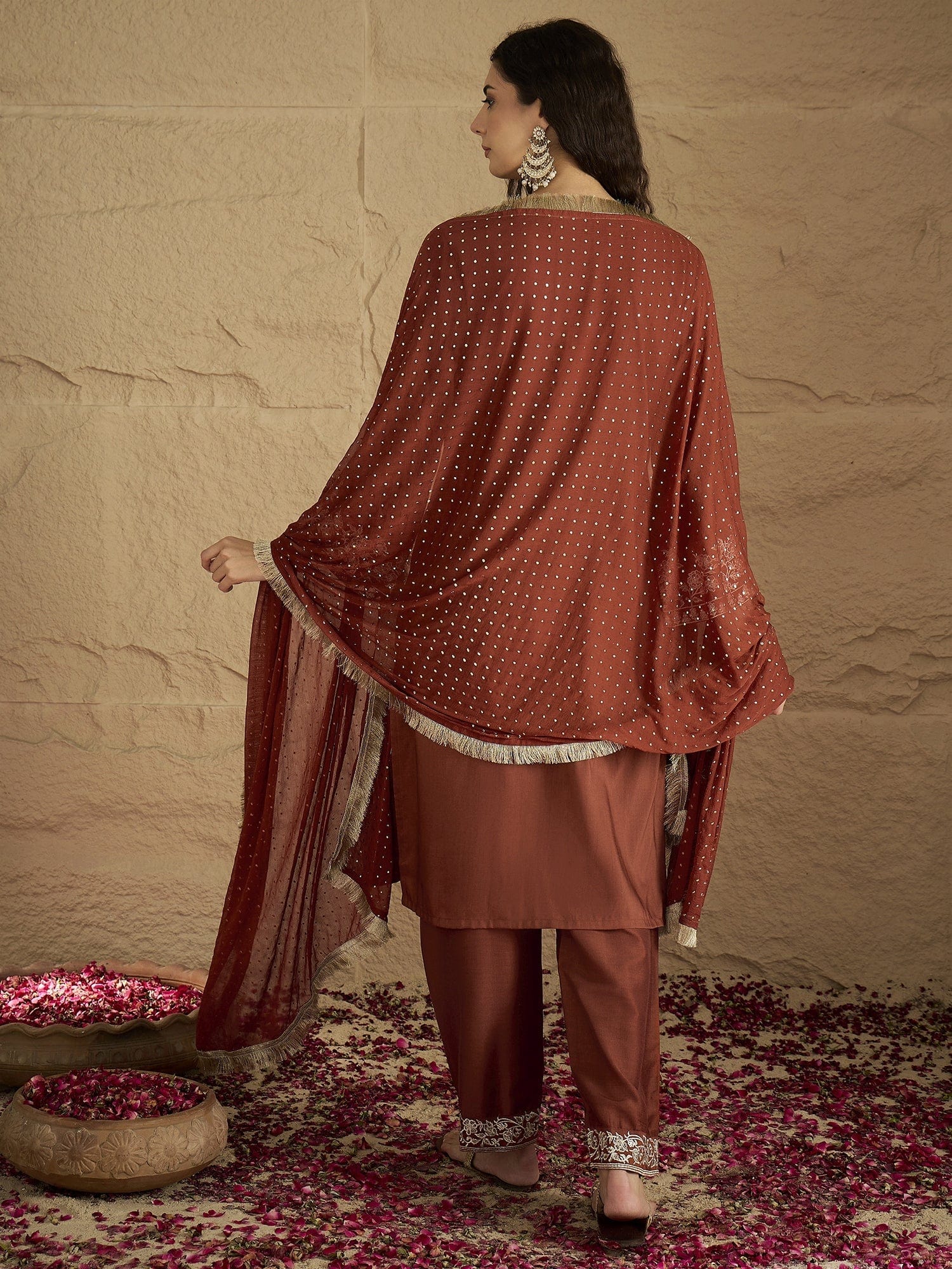 Varanga Women Rust Embroidered Straight Kurta With Bottom And Dupatta