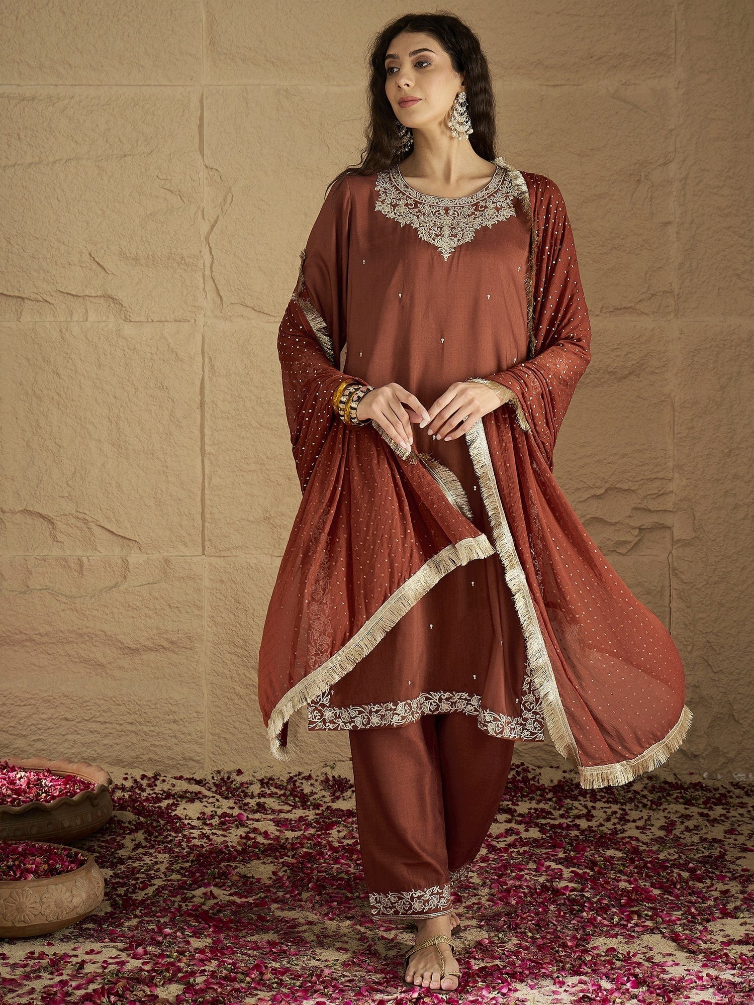 Varanga Women Rust Embroidered Straight Kurta With Bottom And Dupatta