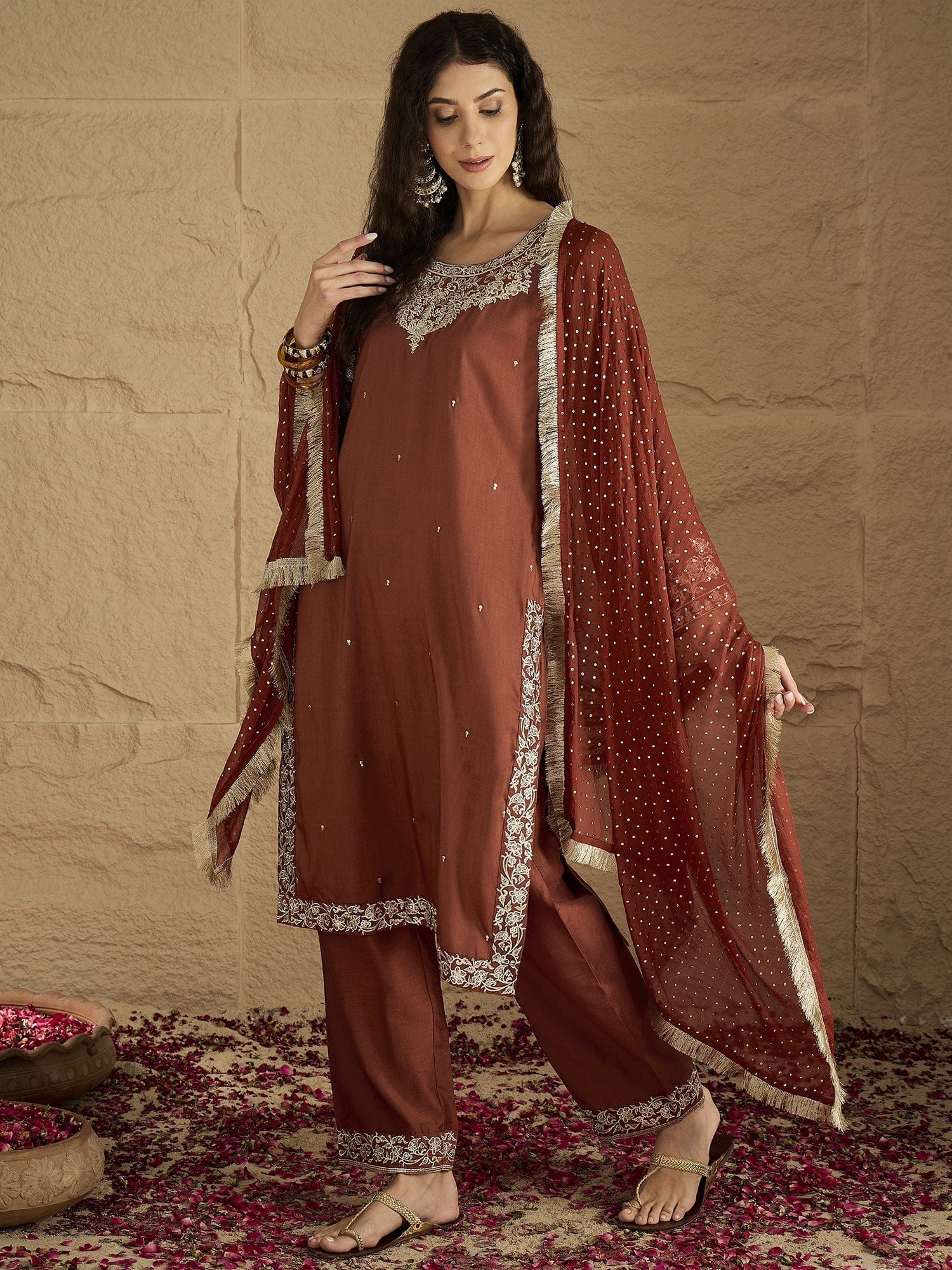 Varanga Women Rust Embroidered Straight Kurta With Bottom And Dupatta