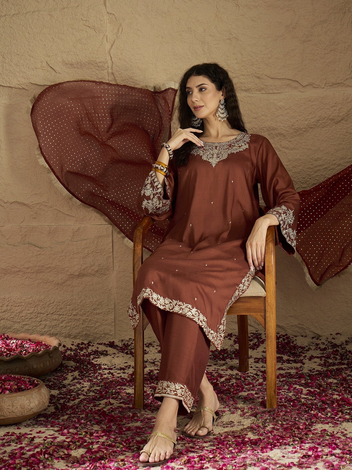 Varanga Women Rust Embroidered Straight Kurta With Bottom And Dupatta