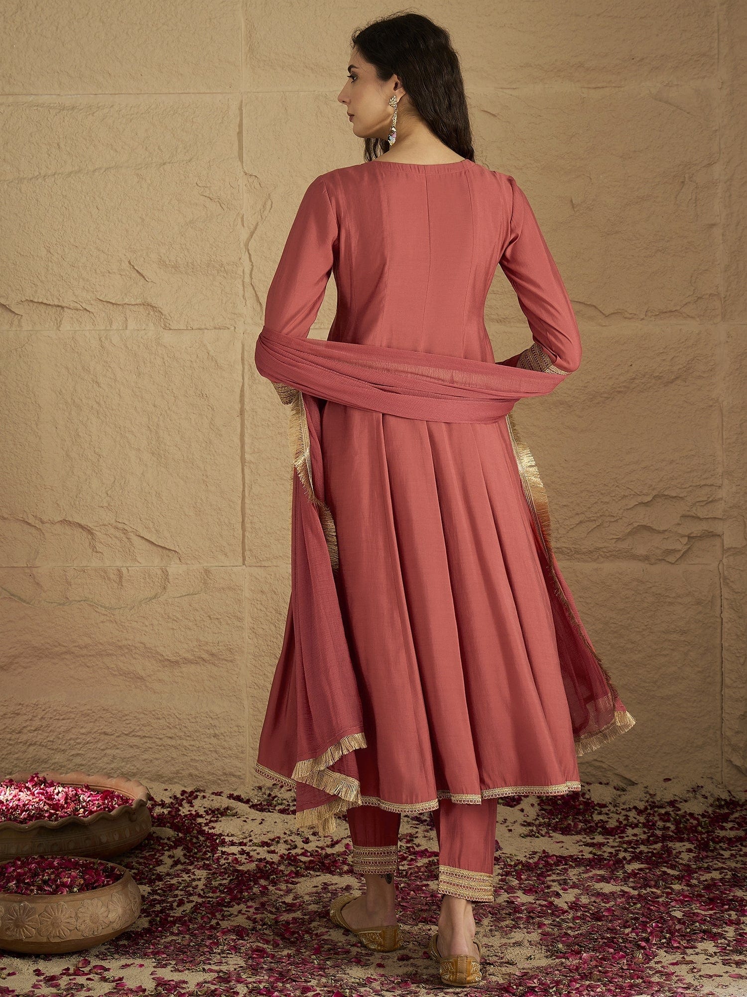 Varanga Women Rust Zari And Sequins Embroidred Anarakli Kurta With Bottom And Dupatta