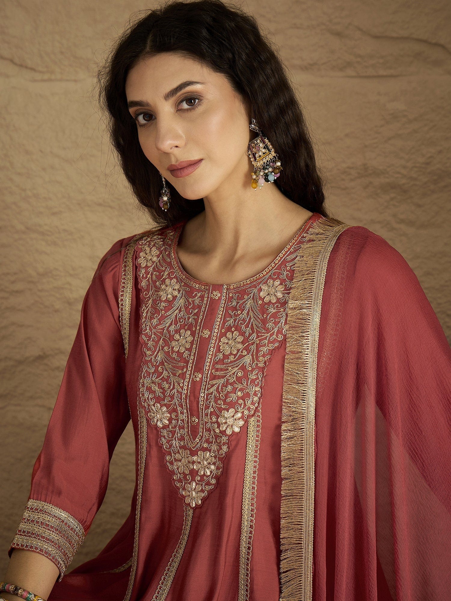 Varanga Women Rust Zari And Sequins Embroidred Anarakli Kurta With Bottom And Dupatta