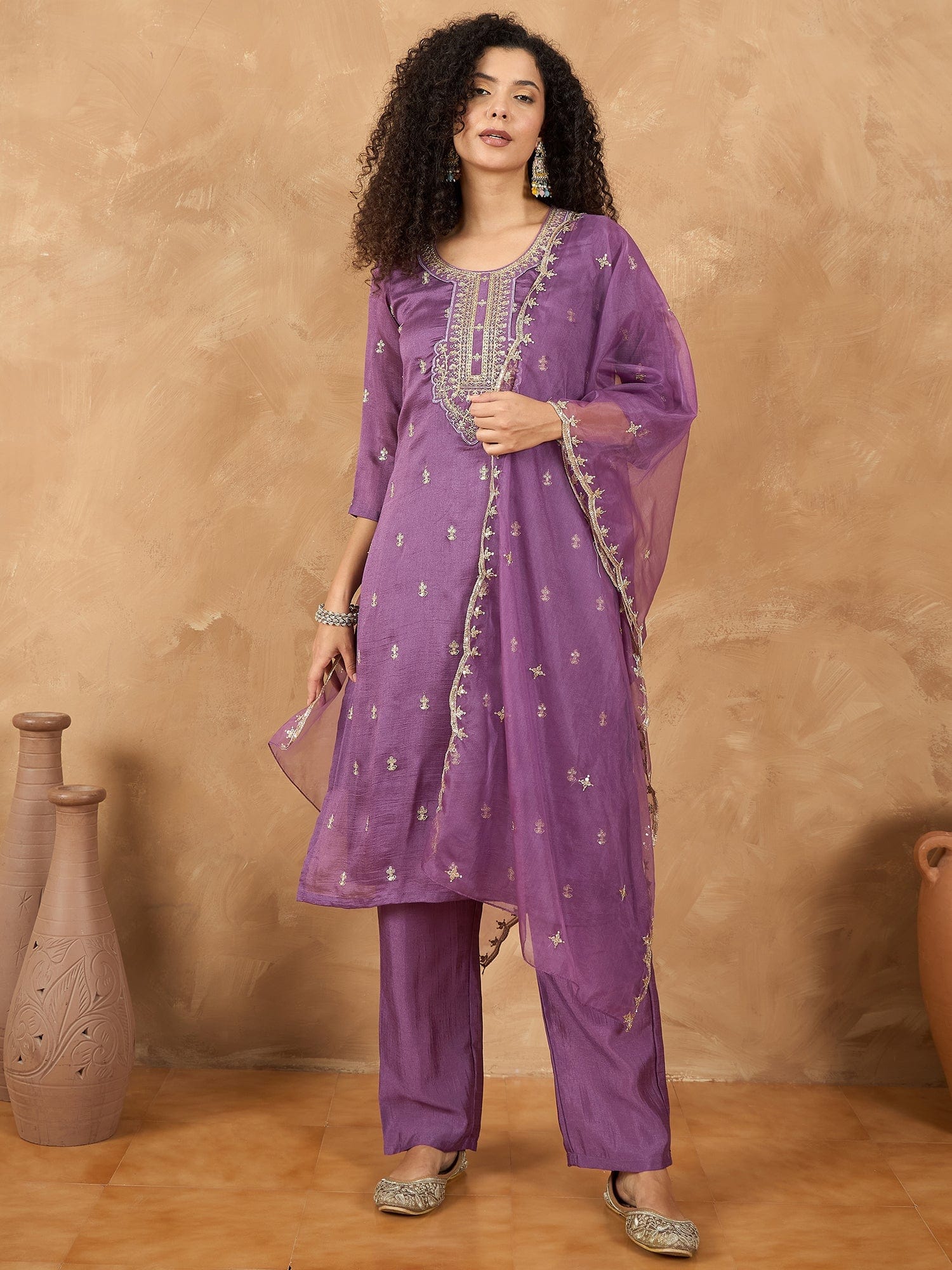 Embroidered Yoke Kurta With Trouser And Dupatta