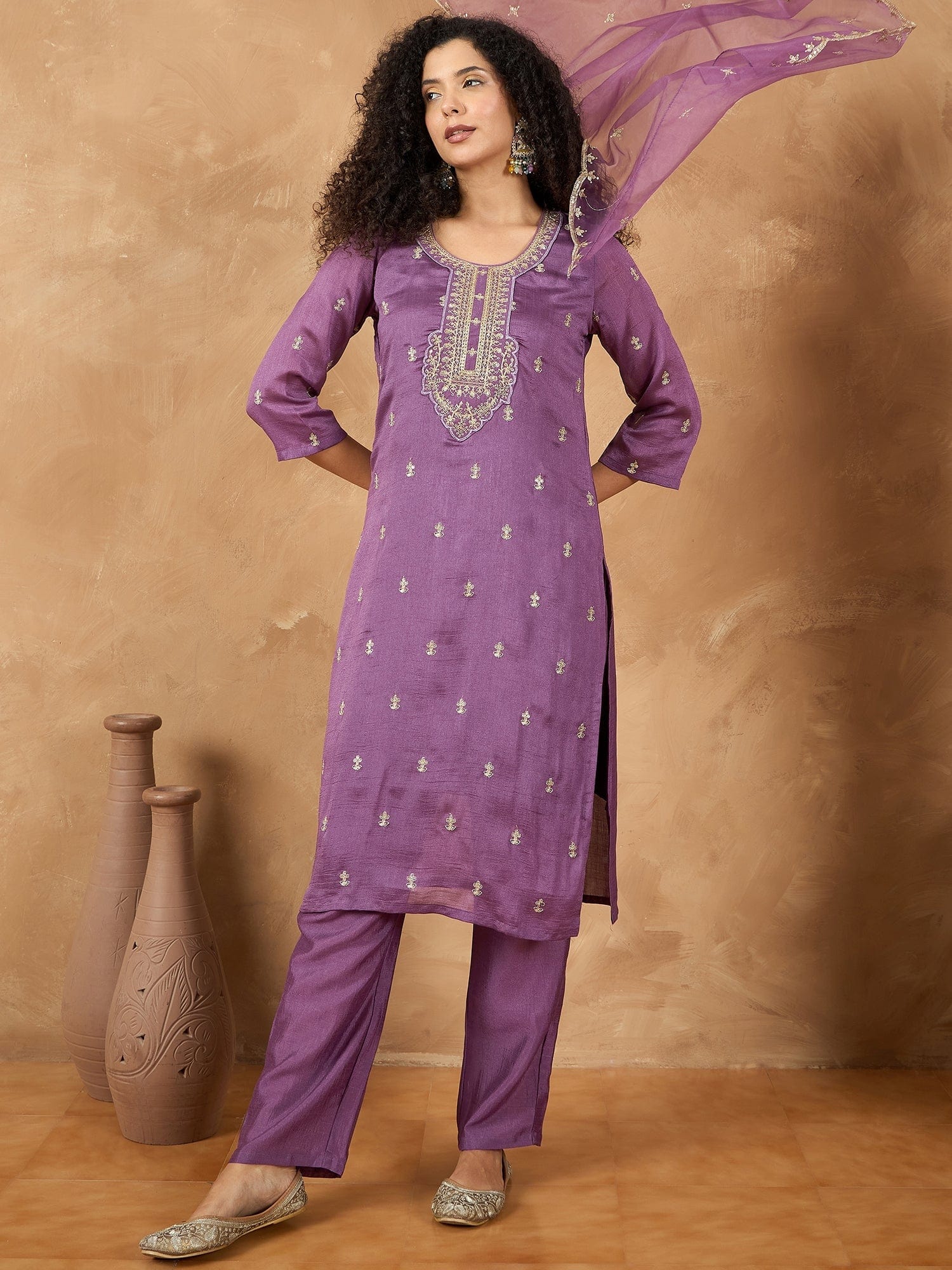 Embroidered Yoke Kurta With Trouser And Dupatta